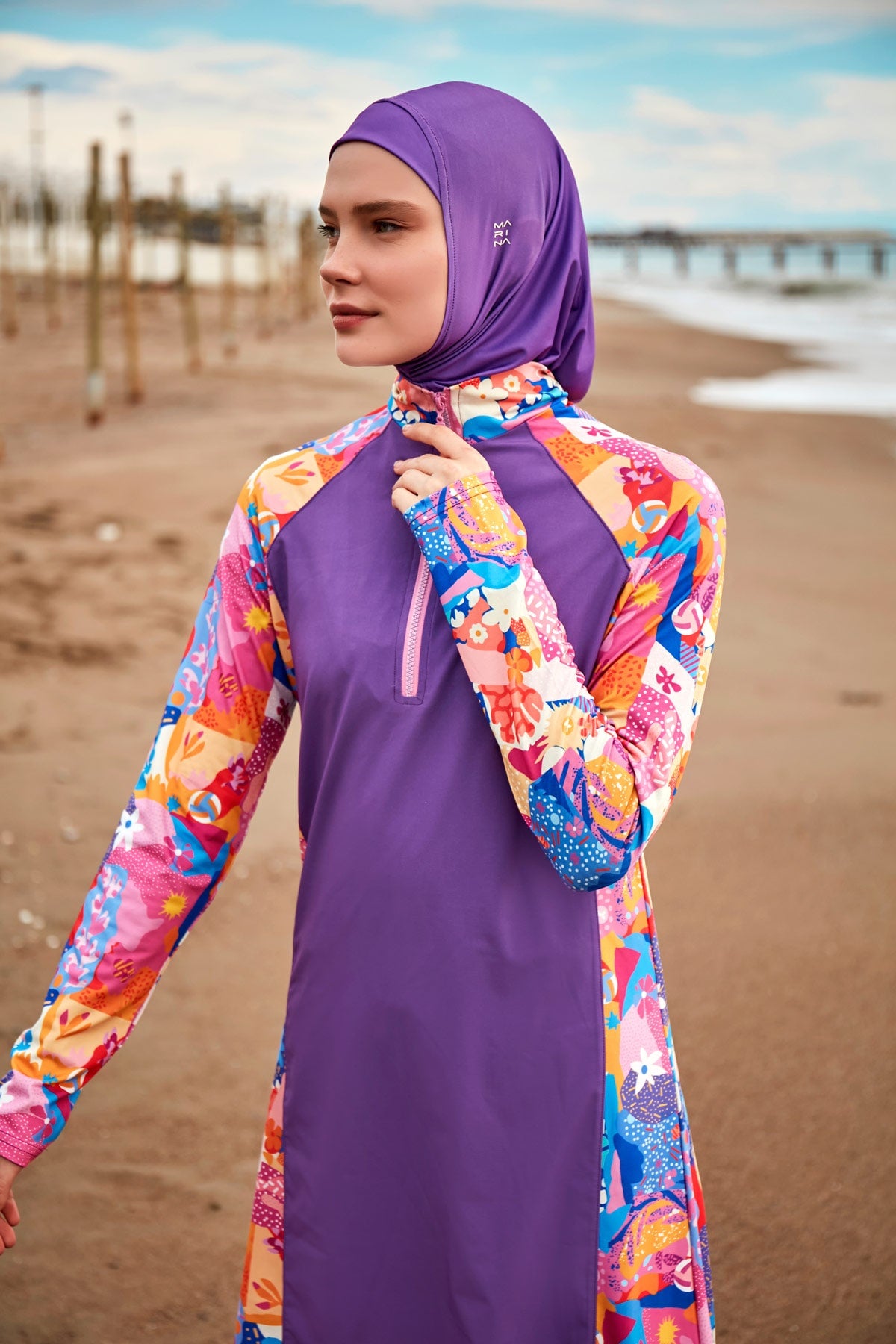 4-Piece Patterned Purple Full-Cover Modest Swimsuit - M2495