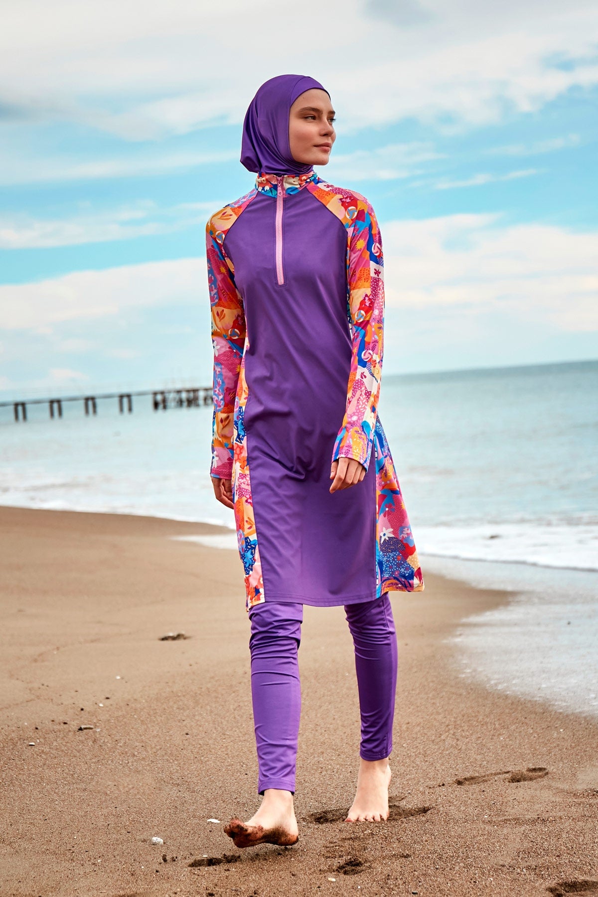 4-Piece Patterned Purple Full-Cover Modest Swimsuit - M2495 Secondary image