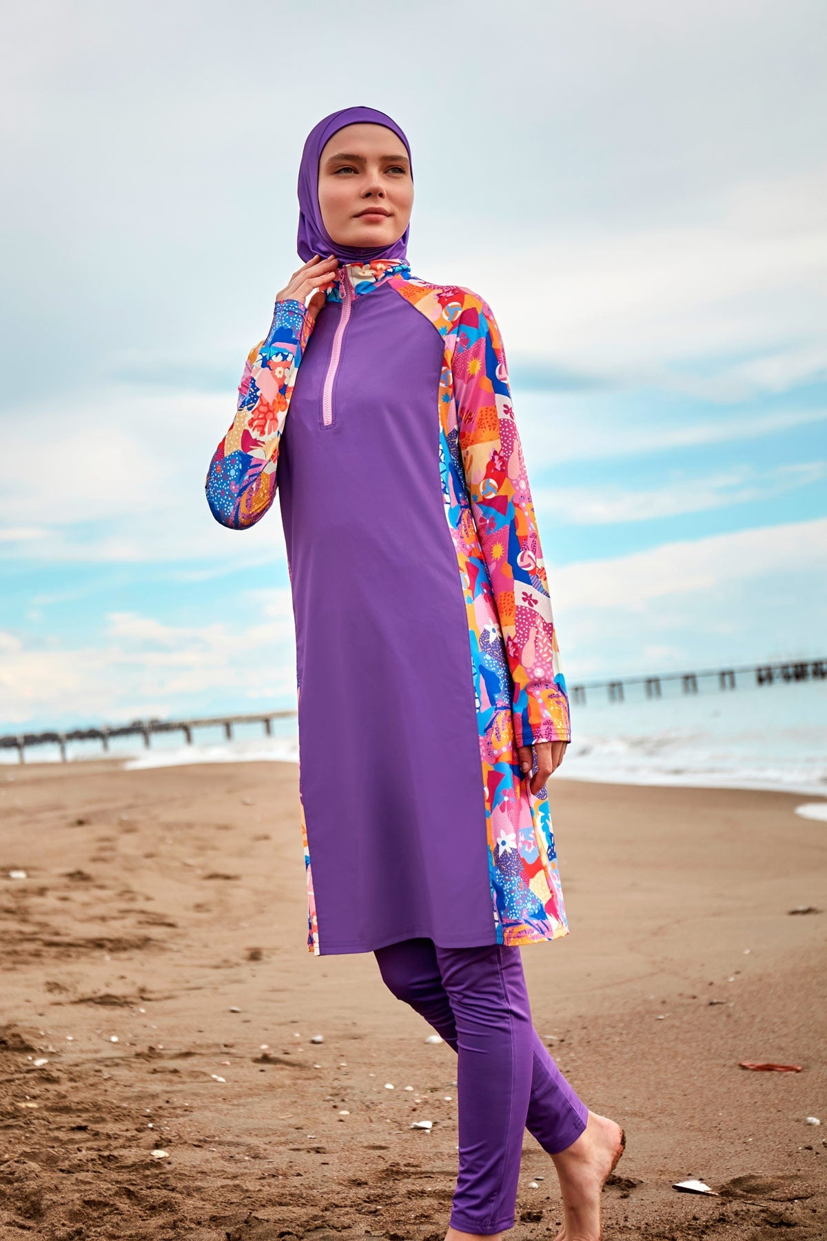 4-Piece Patterned Purple Full-Cover Modest Swimsuit - M2495