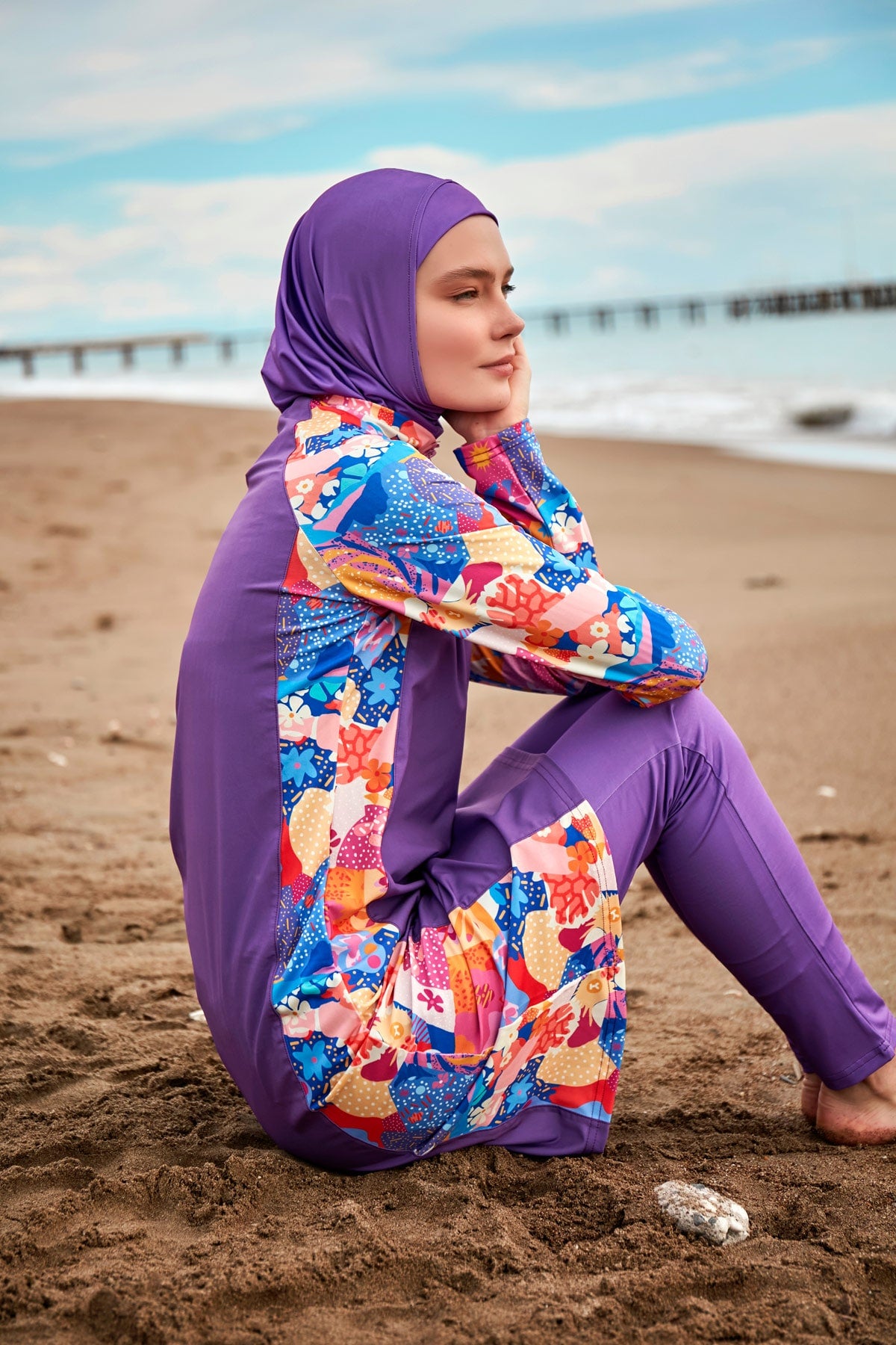 4-Piece Patterned Purple Full-Cover Modest Swimsuit - M2495