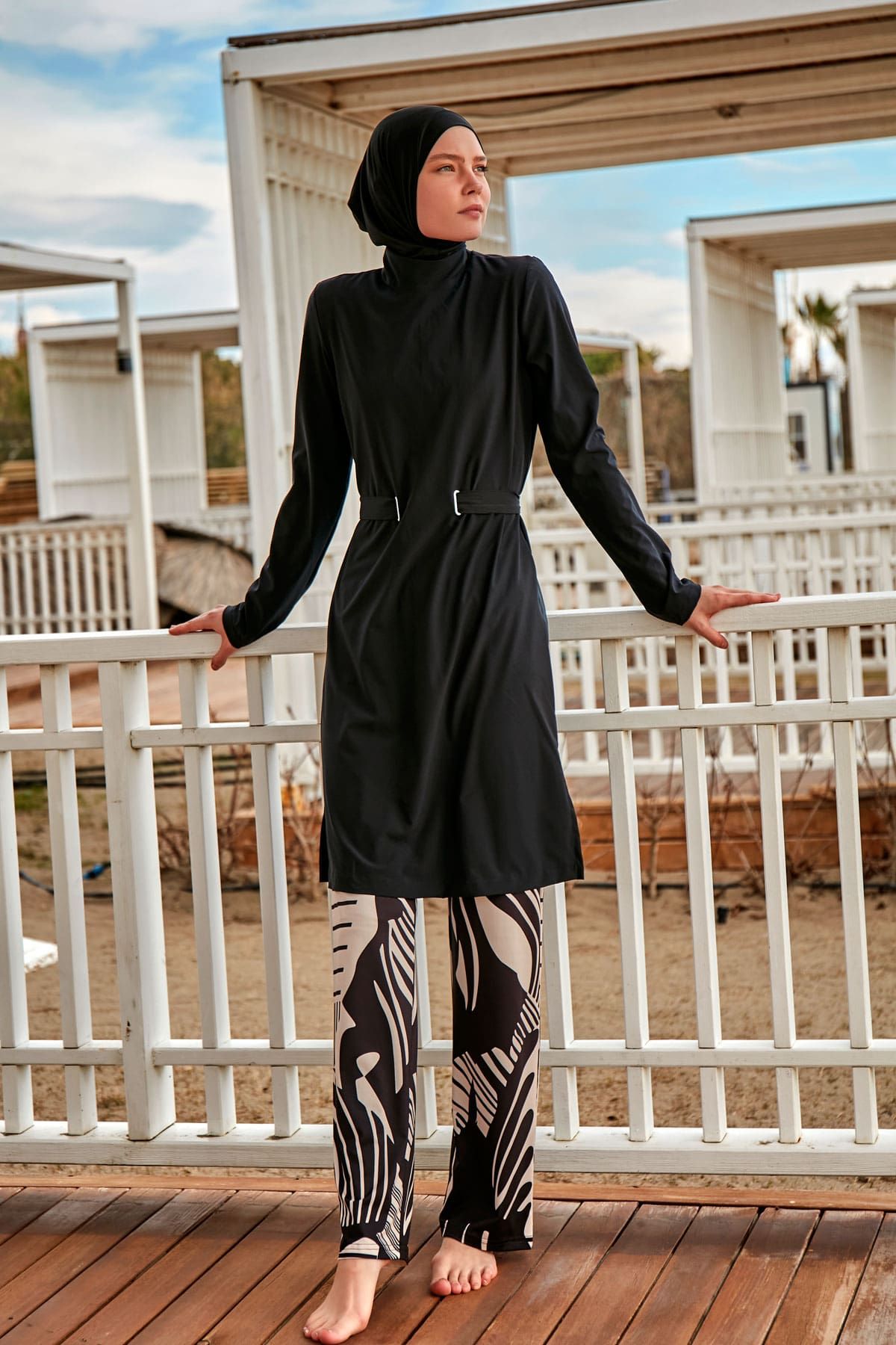 Woven Black Burkini Modest Swimwear M2424