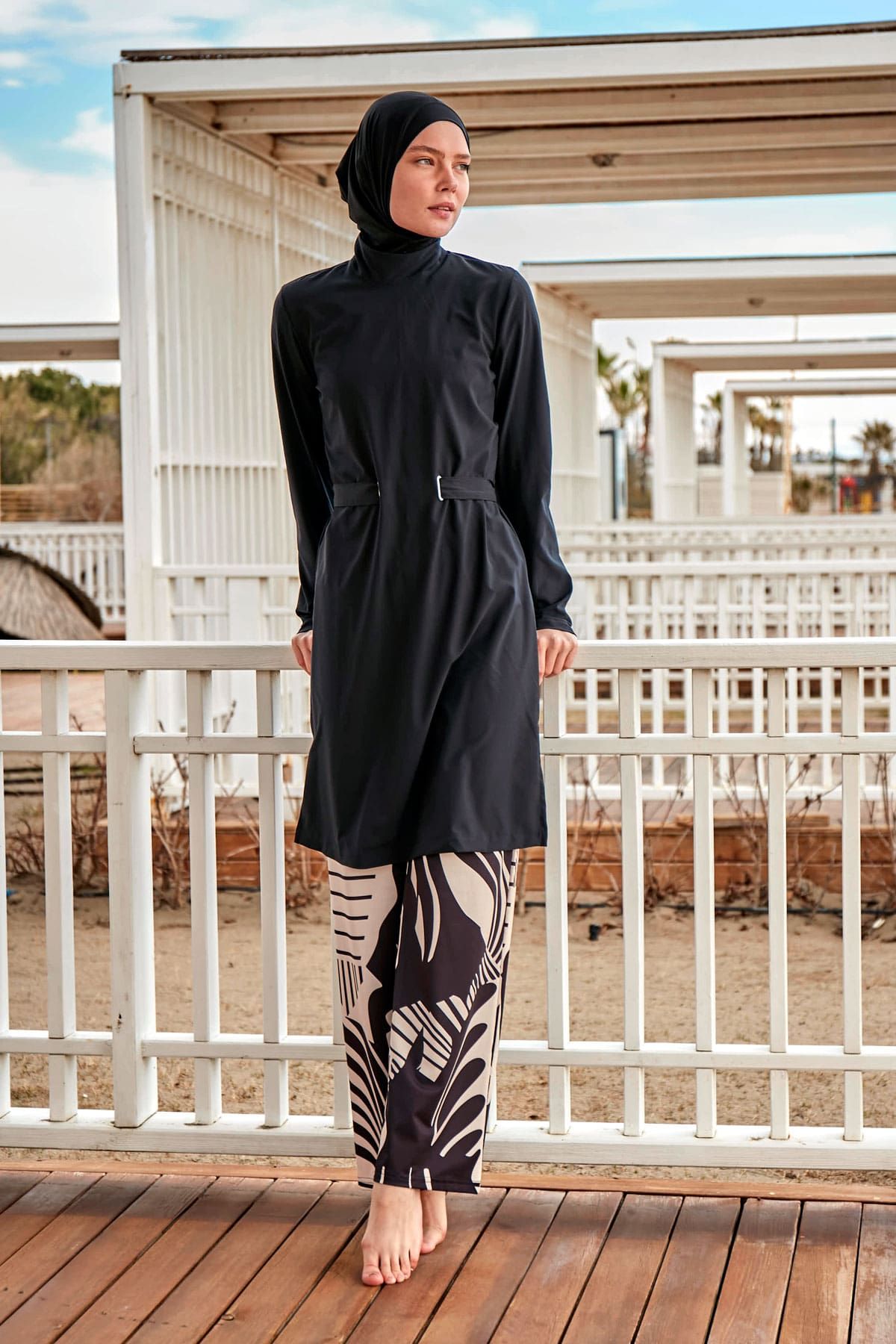 Woven Black Burkini Modest Swimwear M2424