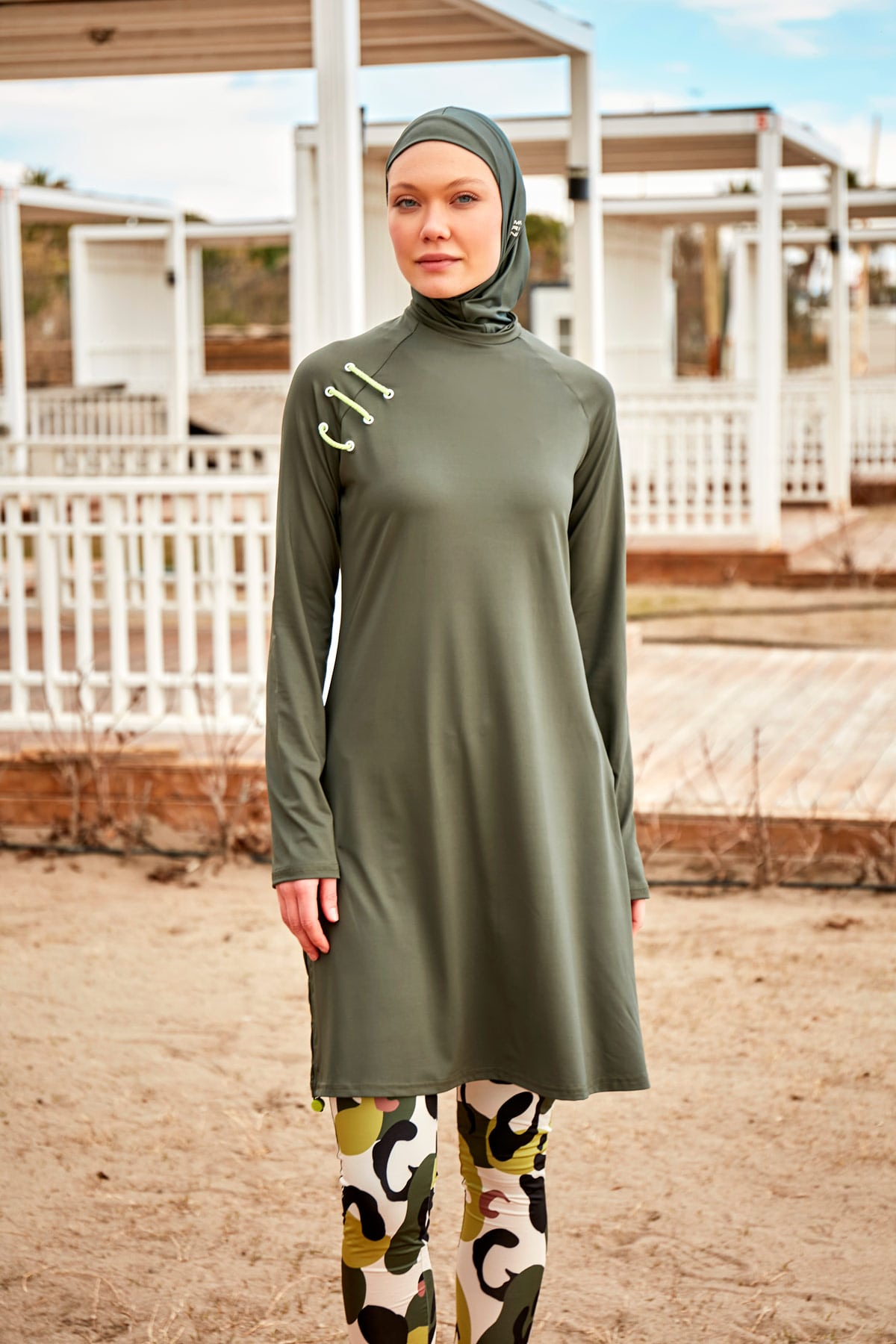 Patterned Khaki Full-Coverage Modest Swimwear Burkini - M2467