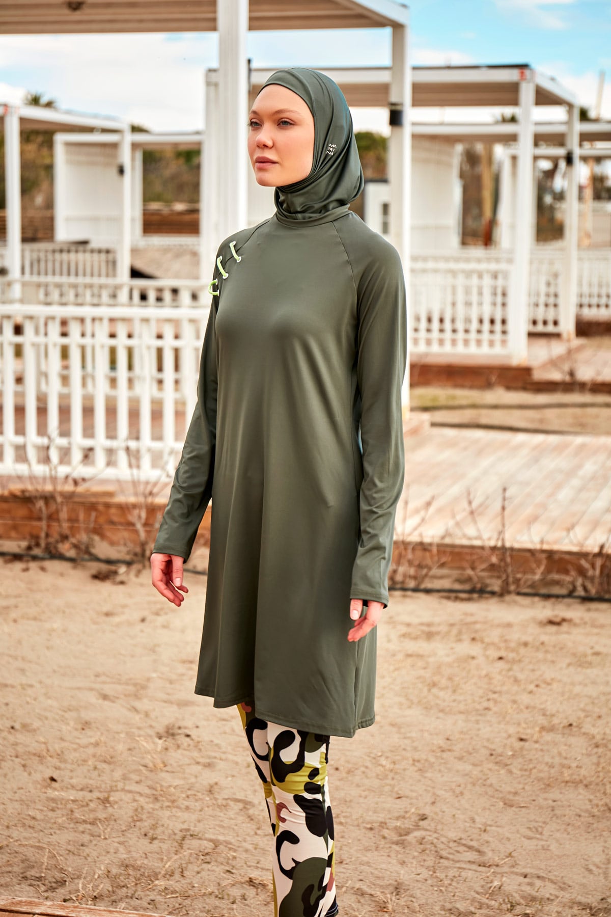 Patterned Khaki Full-Coverage Modest Swimwear Burkini - M2467