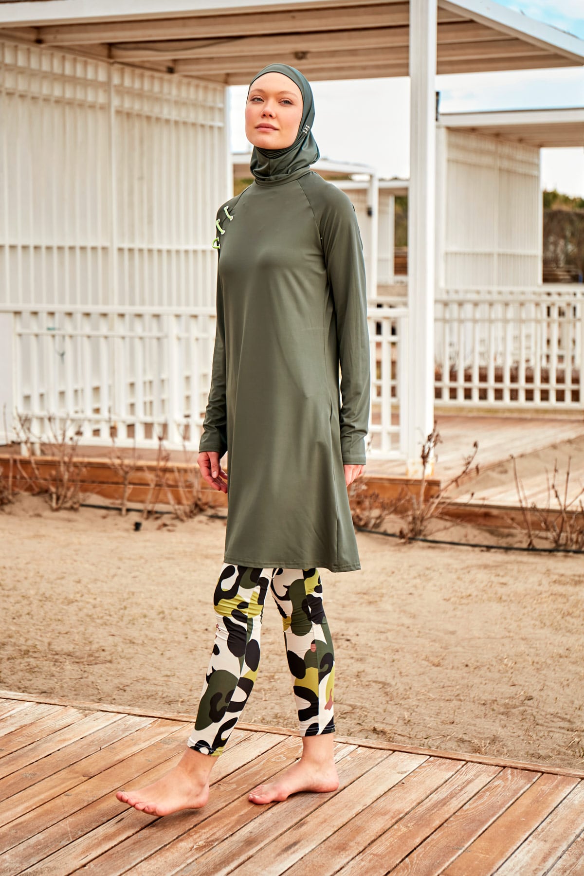 Patterned Khaki Full-Coverage Modest Swimwear Burkini - M2467