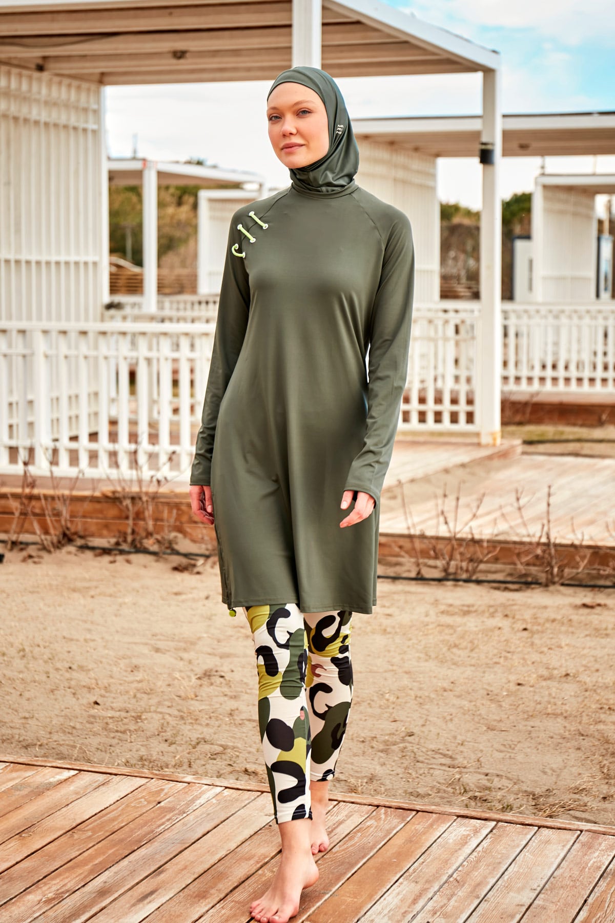 Patterned Khaki Full-Coverage Modest Swimwear Burkini - M2467