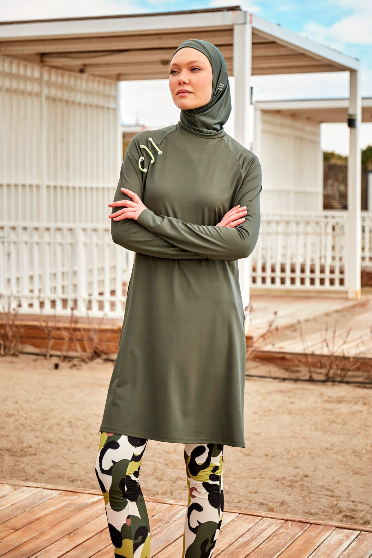 Patterned Khaki Full-Coverage Modest Swimwear Burkini - M2467