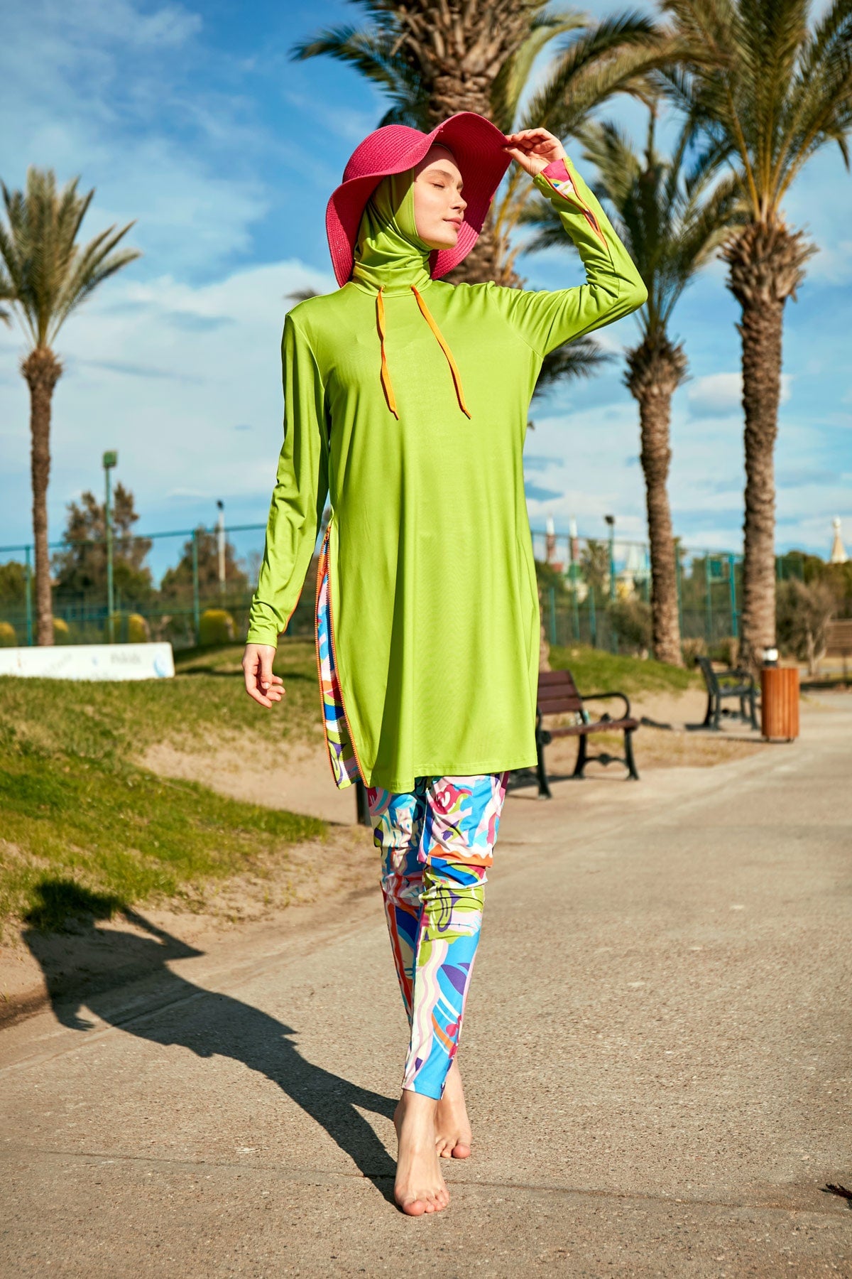 Patterned Pistachio Green Full-Coverage Modest Swimwear Burkini - M2484