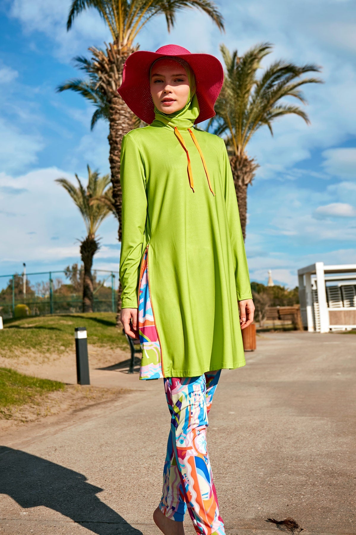 Patterned Pistachio Green Full-Coverage Modest Swimwear Burkini - M2484