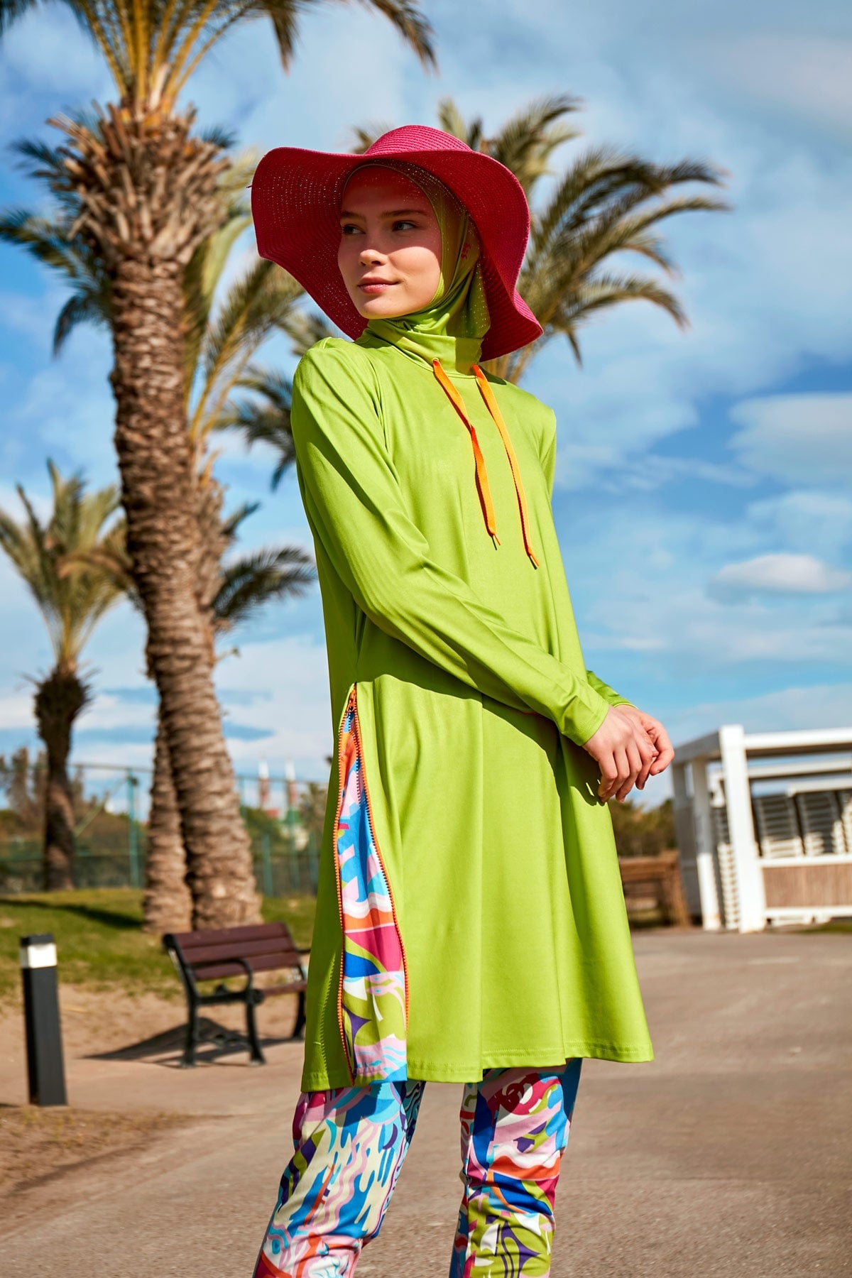 Patterned Pistachio Green Full-Coverage Modest Swimwear Burkini - M2484