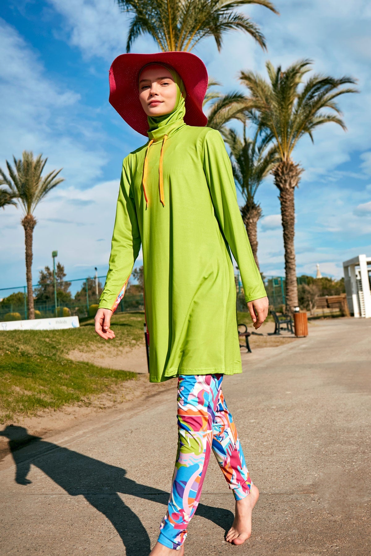 Patterned Pistachio Green Full-Coverage Modest Swimwear Burkini - M2484
