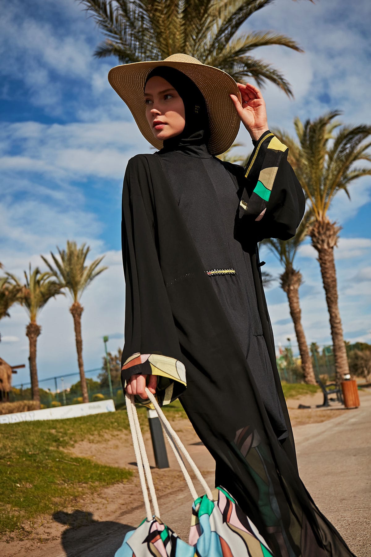 Pop-Art Patterned Black Full-Coverage Modest Swimwear Burkini - M2469