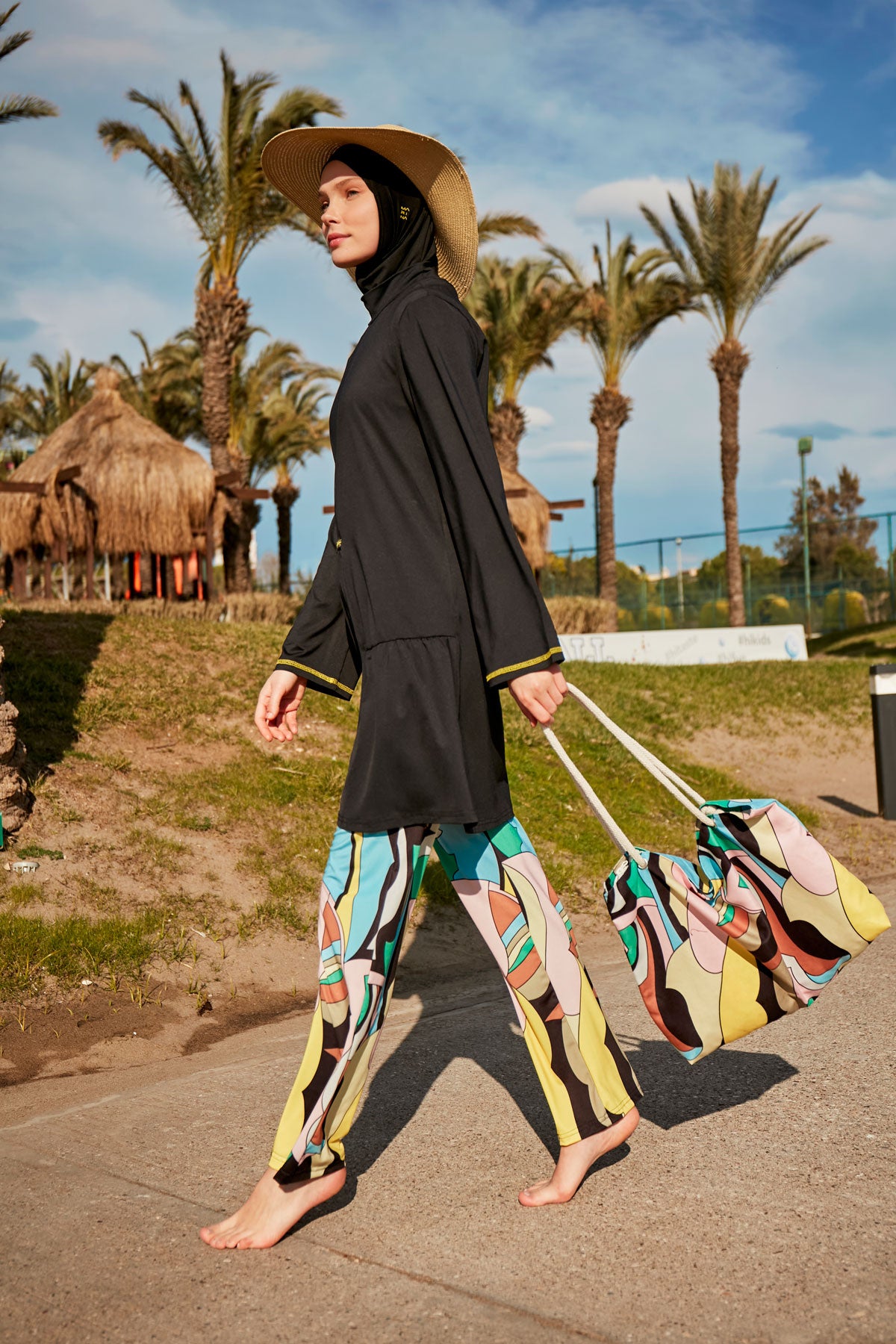 Pop-Art Patterned Black Full-Coverage Modest Swimwear Burkini - M2469
