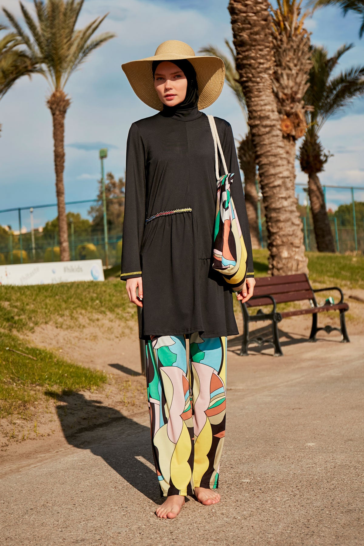 Pop-Art Patterned Black Full-Coverage Modest Swimwear Burkini - M2469