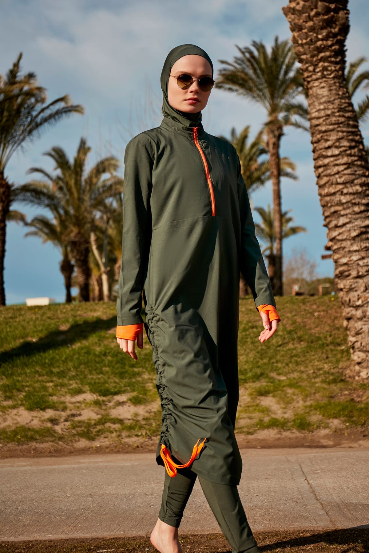 Parachute Fabric Khaki Full-Coverage Modest Swimwear Burkini - M2413