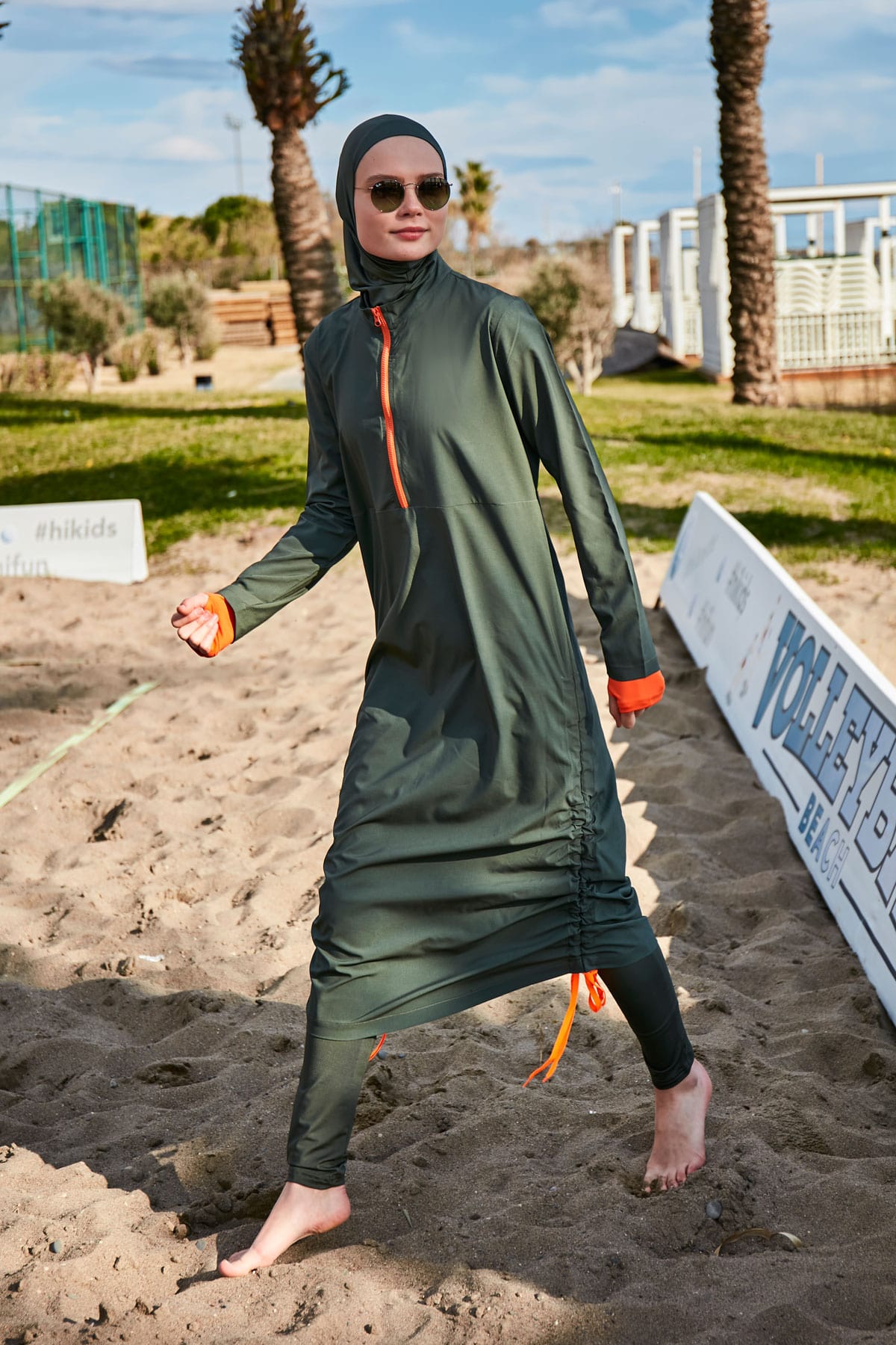 Parachute Fabric Khaki Full-Coverage Modest Swimwear Burkini - M2413