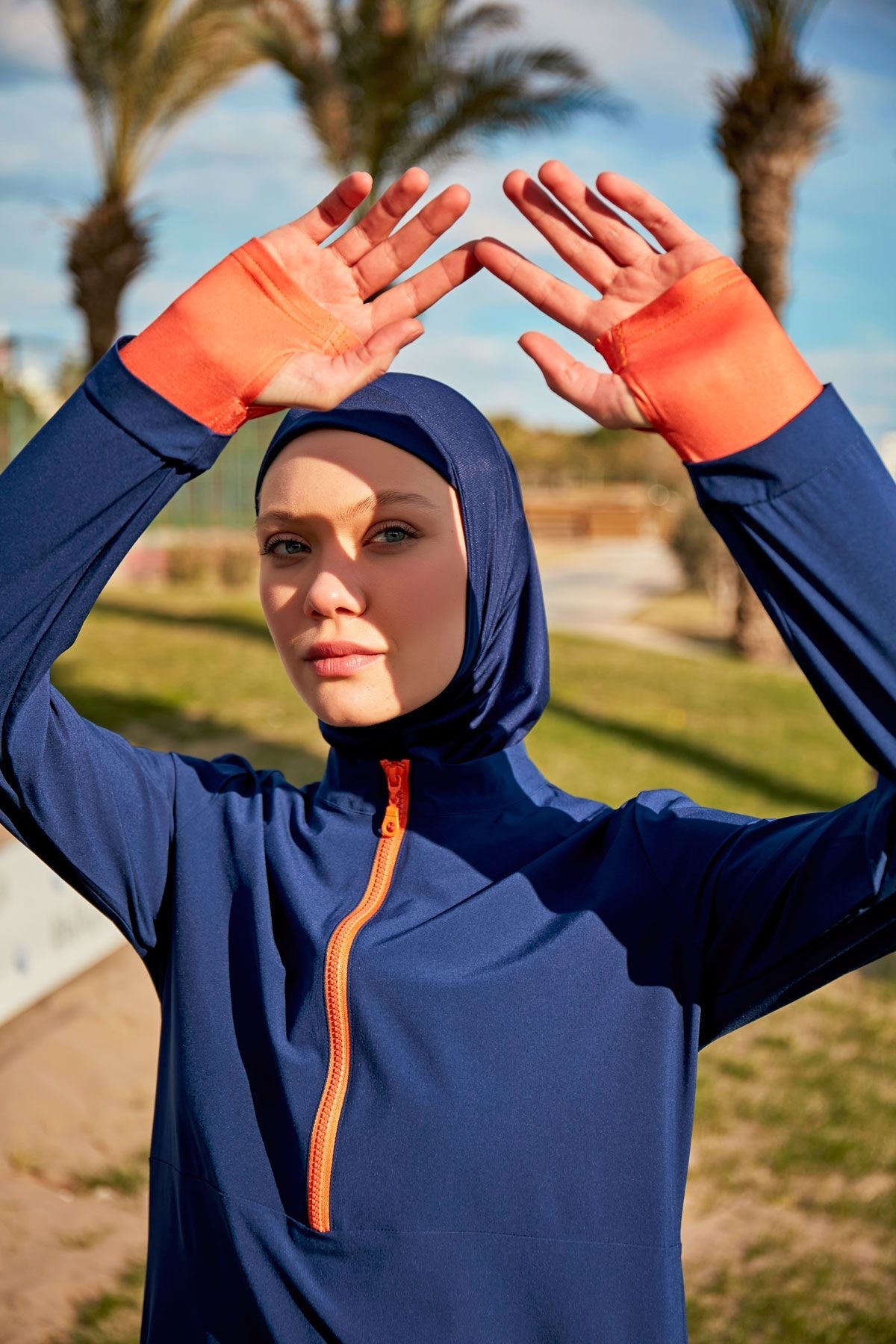 ملابس سباحة محتشمة بوركيني منسوجة باللون الأزرق البحري M2412 صورة ثانوية