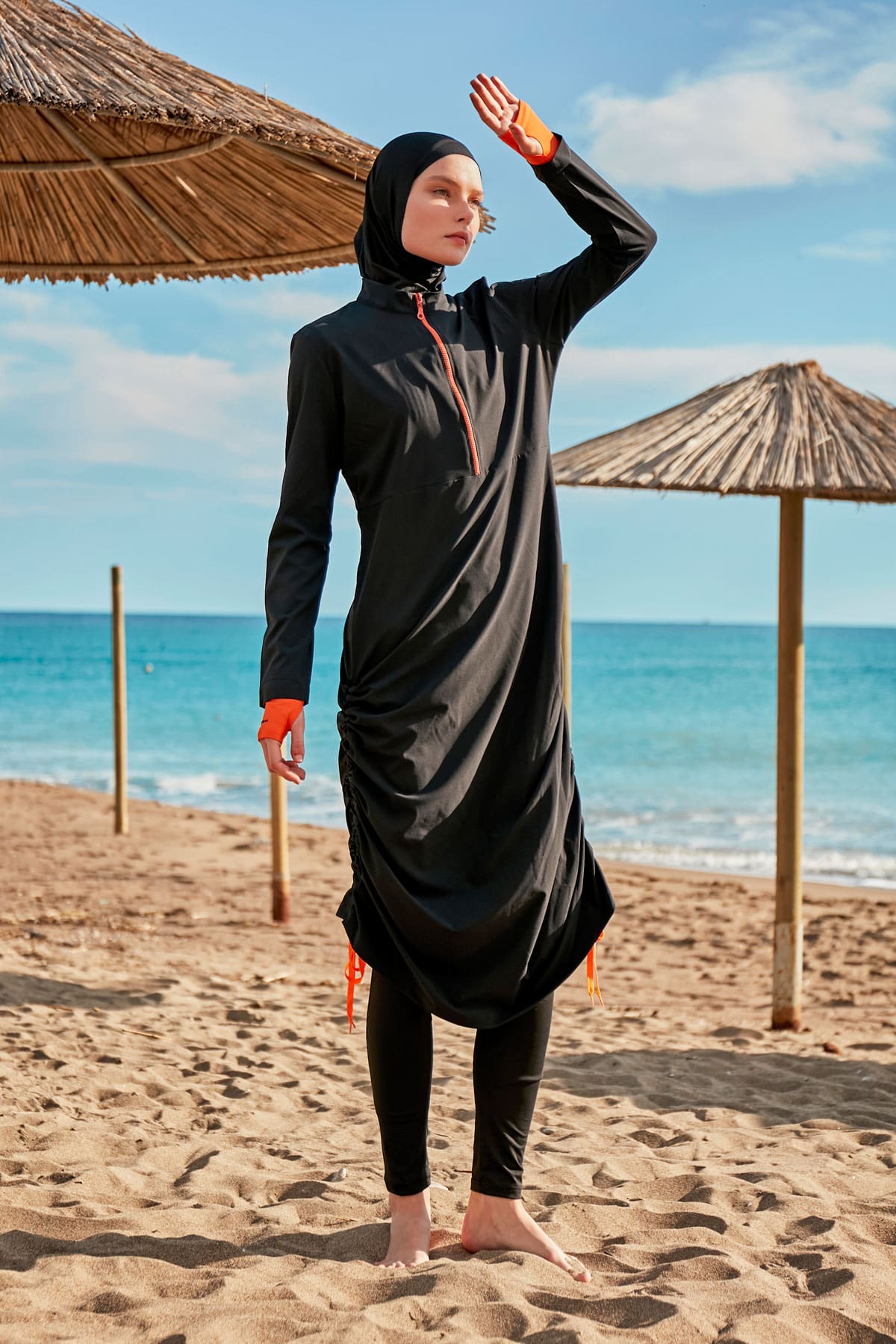 Parachute Fabric Black Full-Coverage Modest Swimwear Burkini - M2414