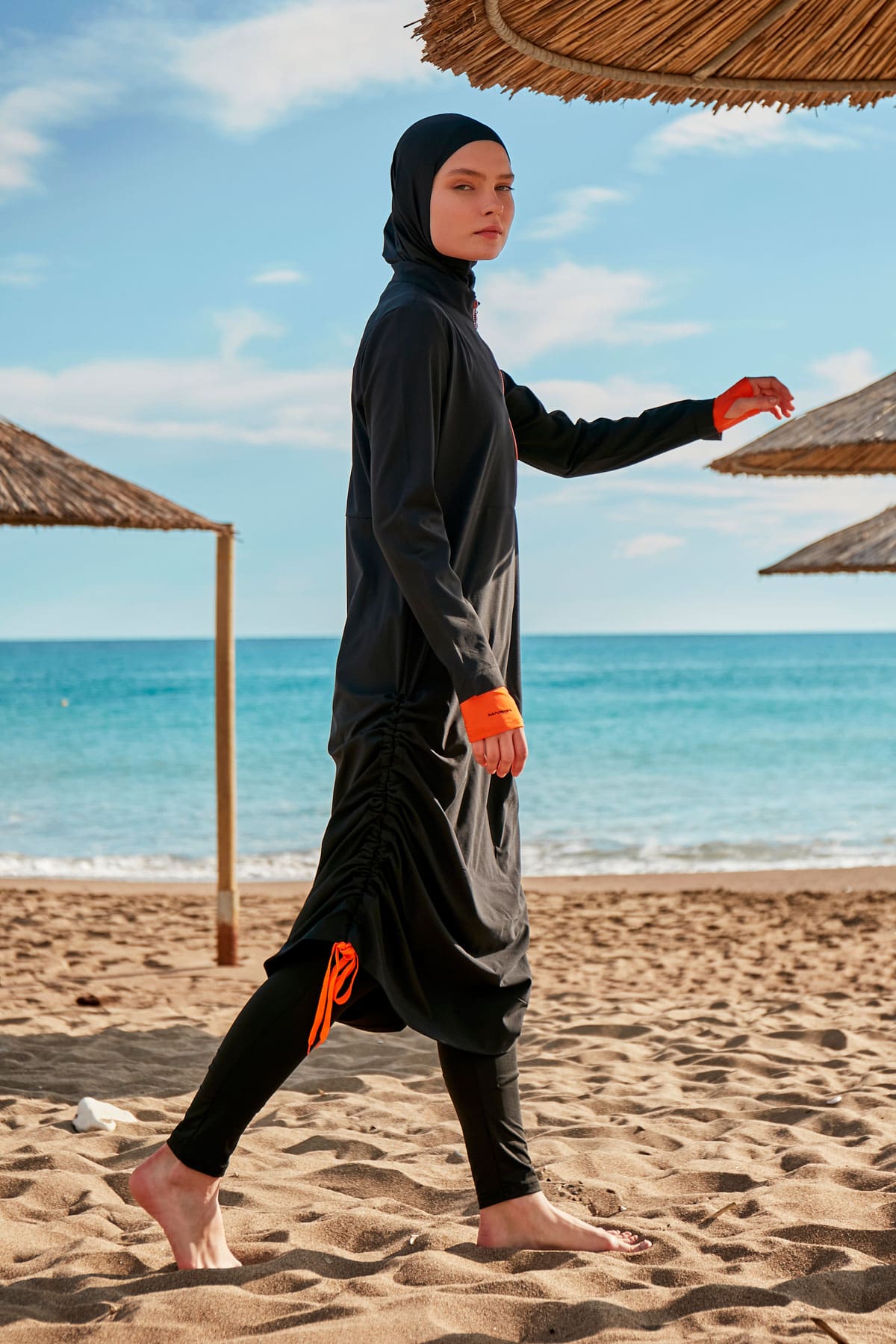 Parachute Fabric Black Full-Coverage Modest Swimwear Burkini - M2414