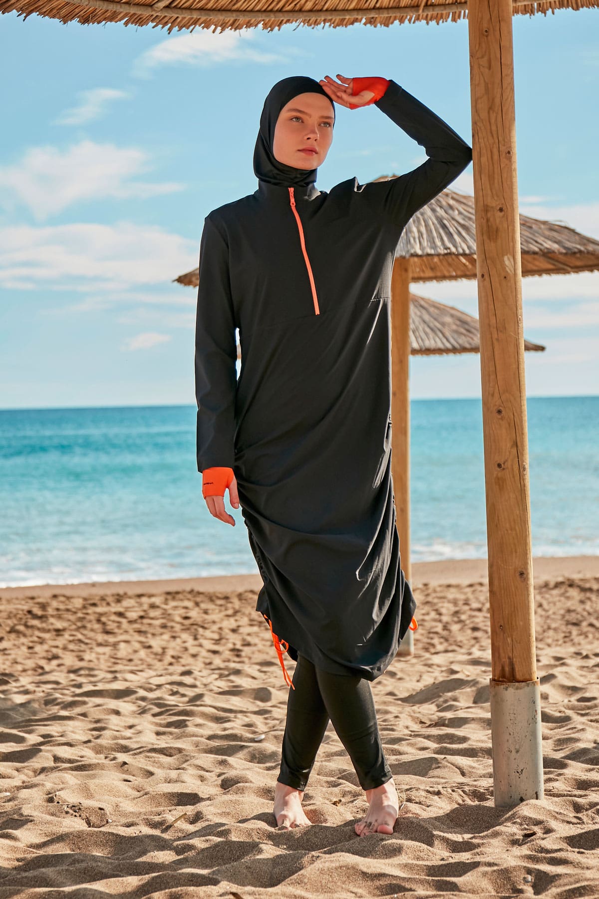Parachute Fabric Black Full-Coverage Modest Swimwear Burkini - M2414