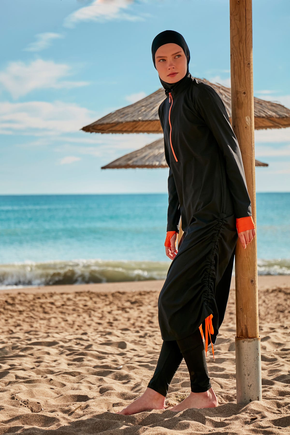 Parachute Fabric Black Full-Coverage Modest Swimwear Burkini - M2414