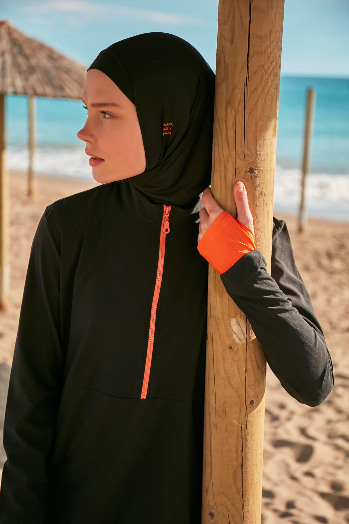 Parachute Fabric Black Full-Coverage Modest Swimwear Burkini - M2414