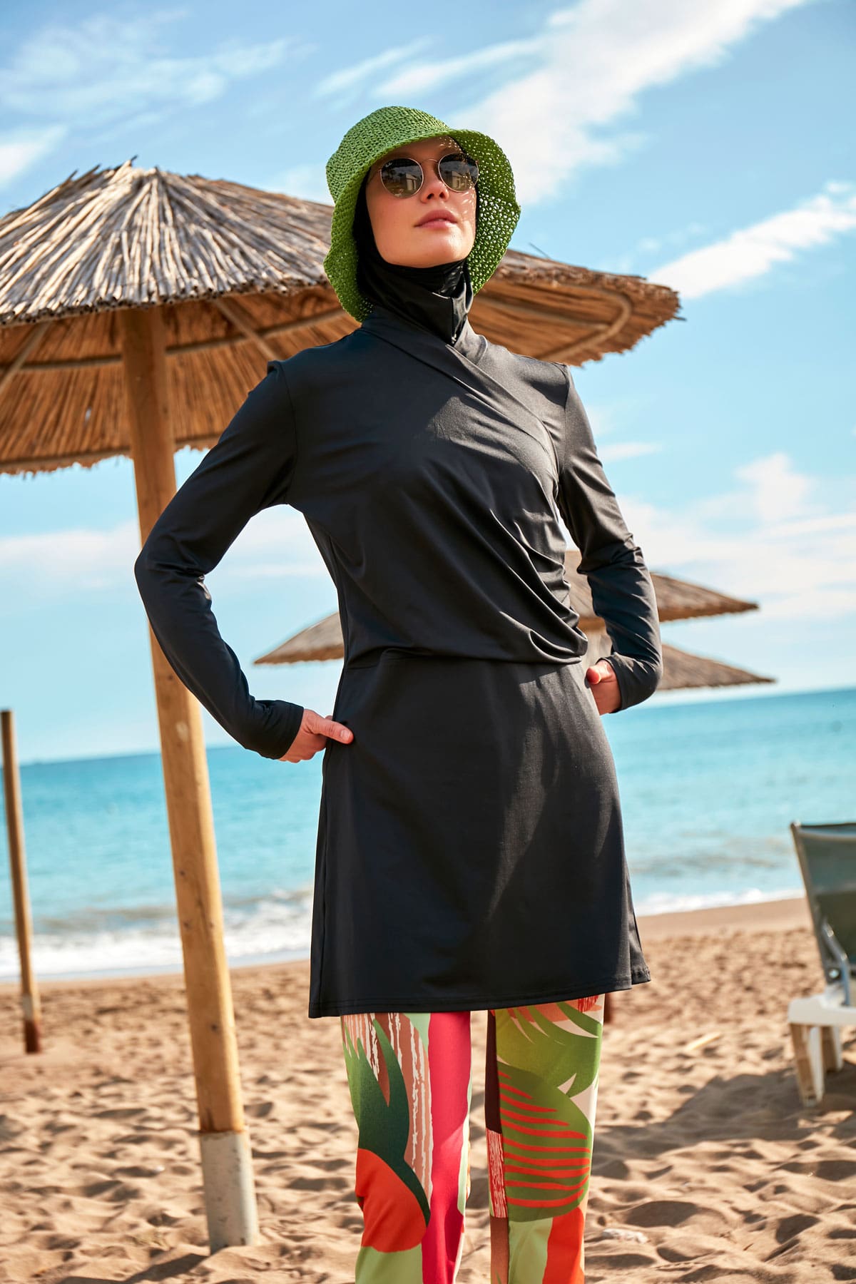 Patterned Black Full-Coverage Modest Swimwear Burkini - M2471