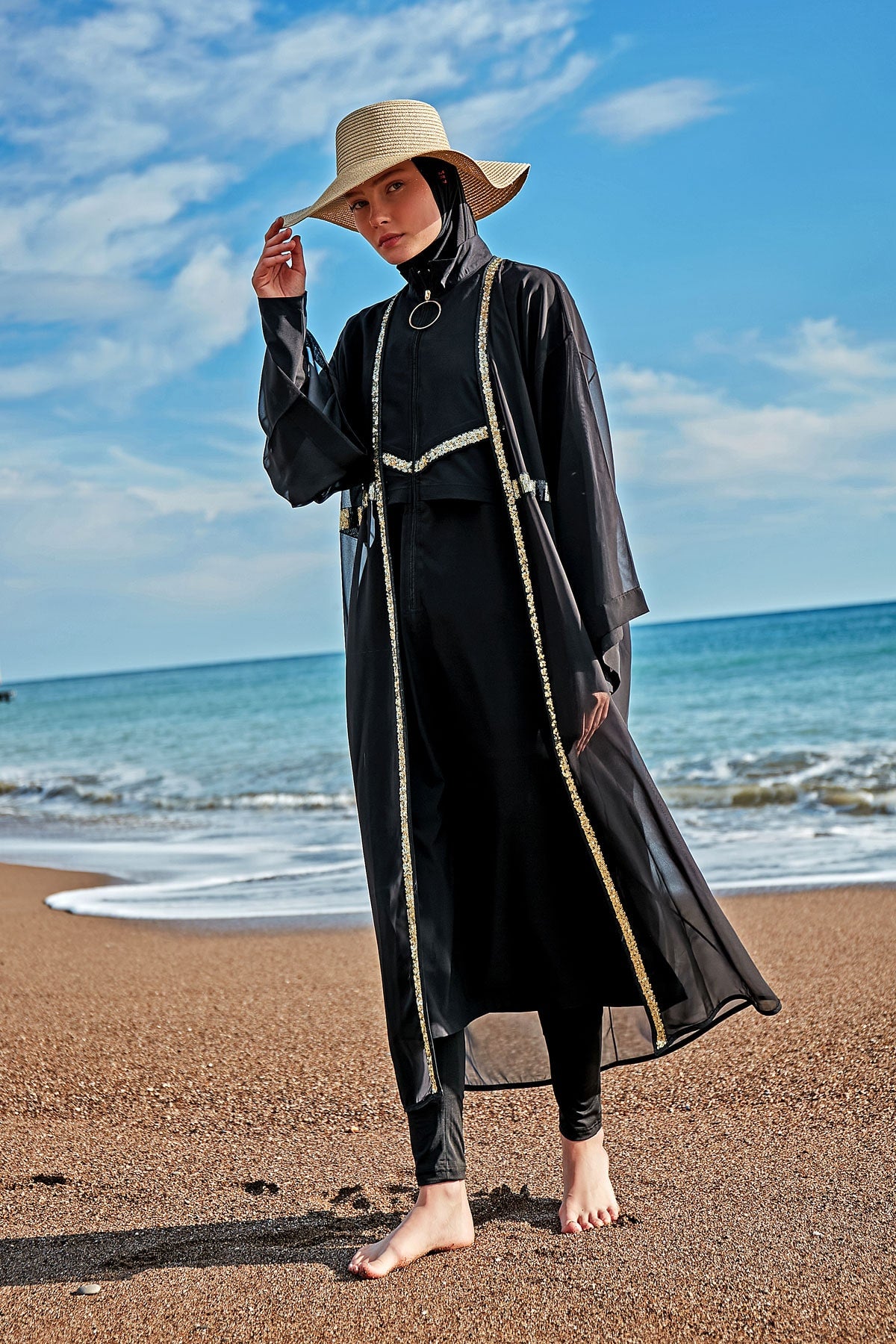 ملابس سباحة محتشمة بوركيني منسوجة باللون الأسود M2410