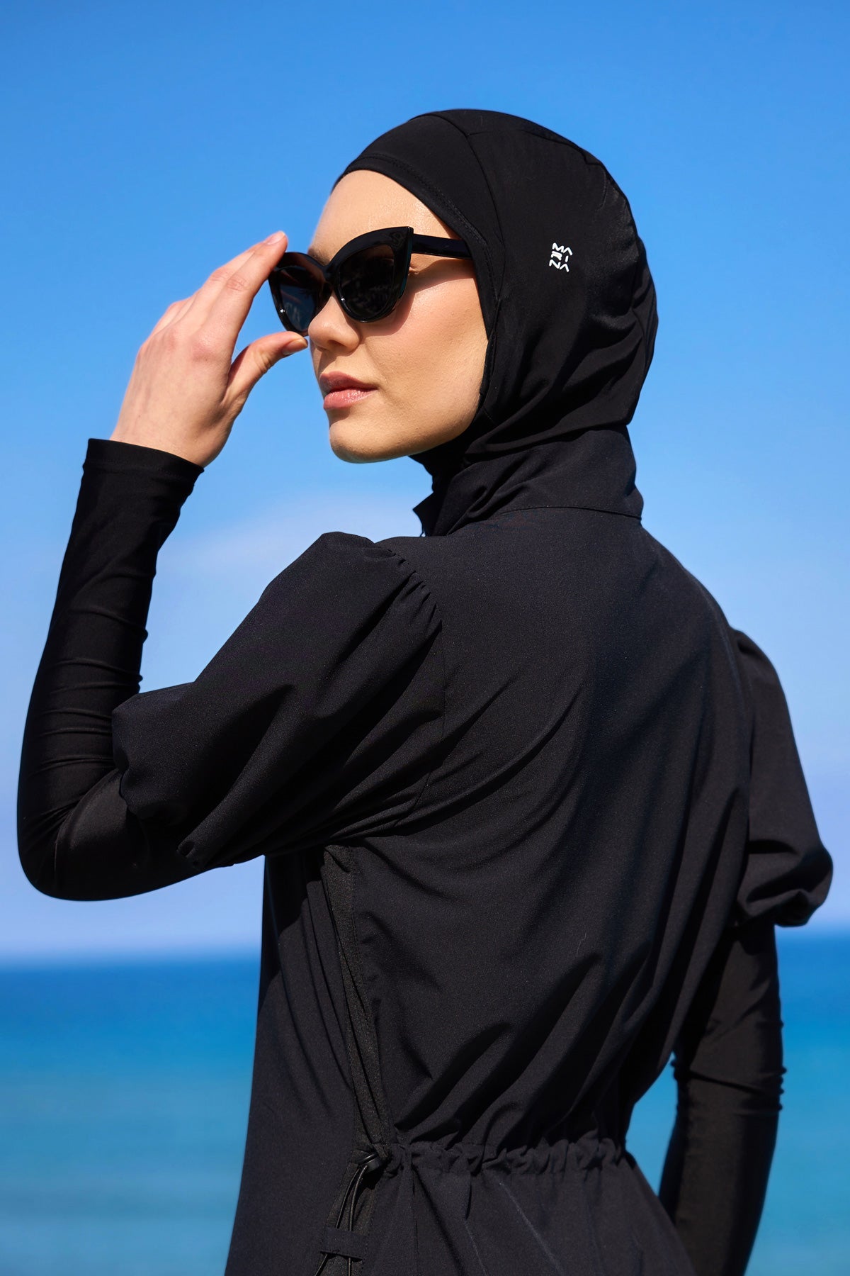 Black Athletic Swim Scarf Bonnet with Grey Logo - B2601-1