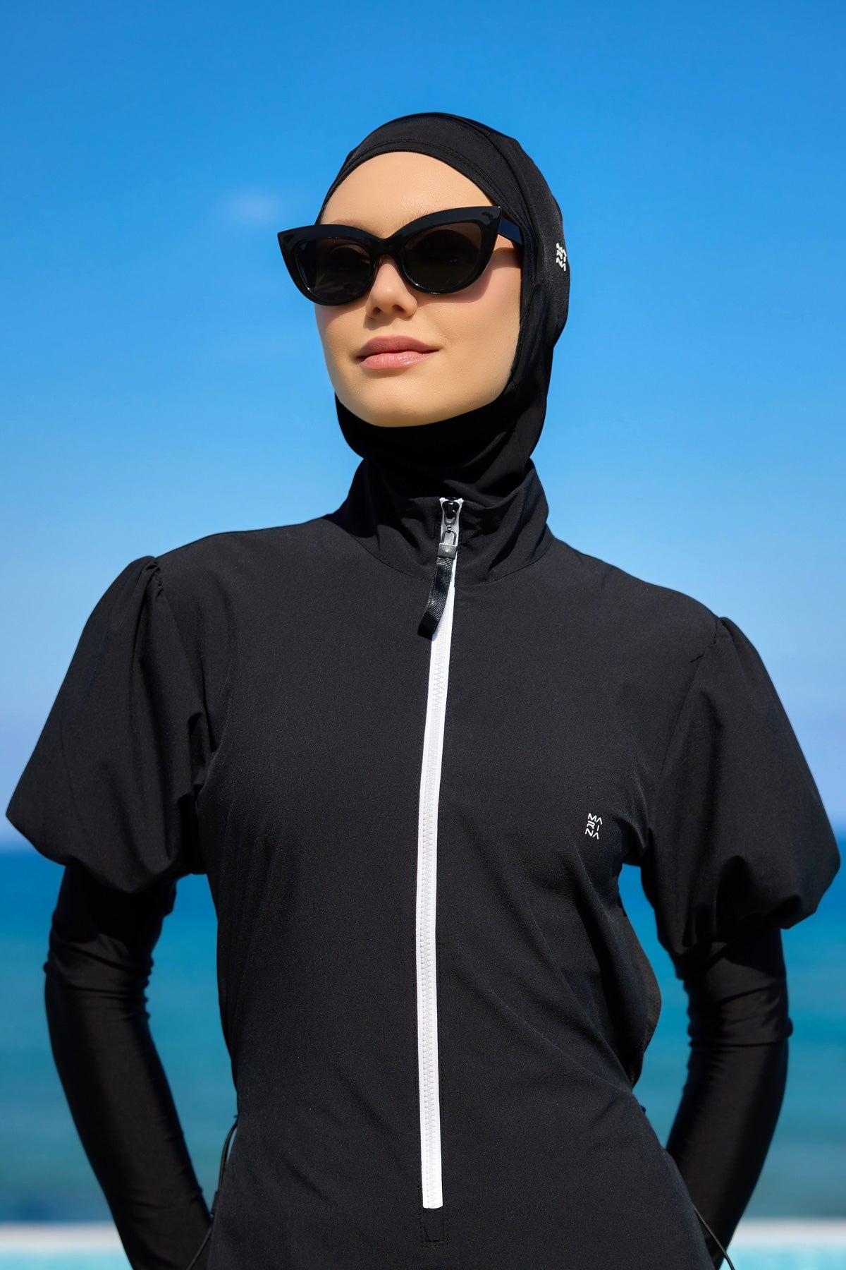 Black Athletic Swim Scarf Bonnet with Grey Logo - B2601-1