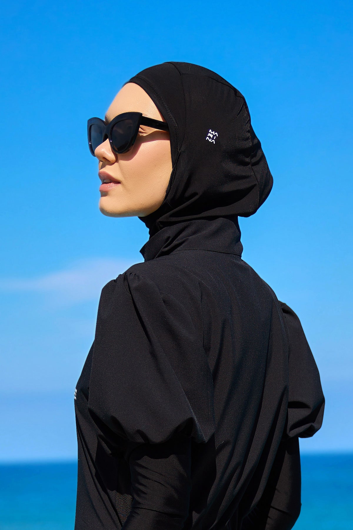Black Athletic Swim Scarf Bonnet with Grey Logo - B2601-1