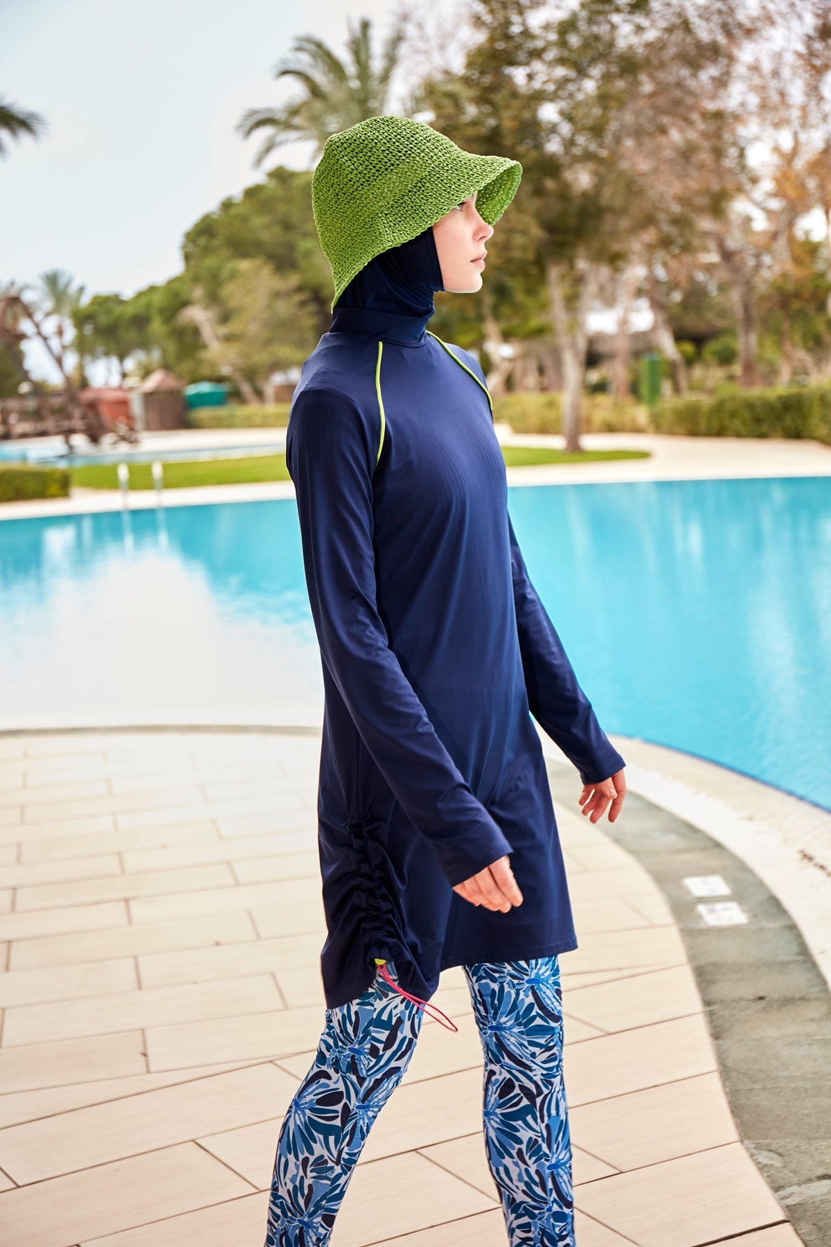 Tropical Patterned Navy Blue Full-Coverage Modest Swimwear Burkini - M2482