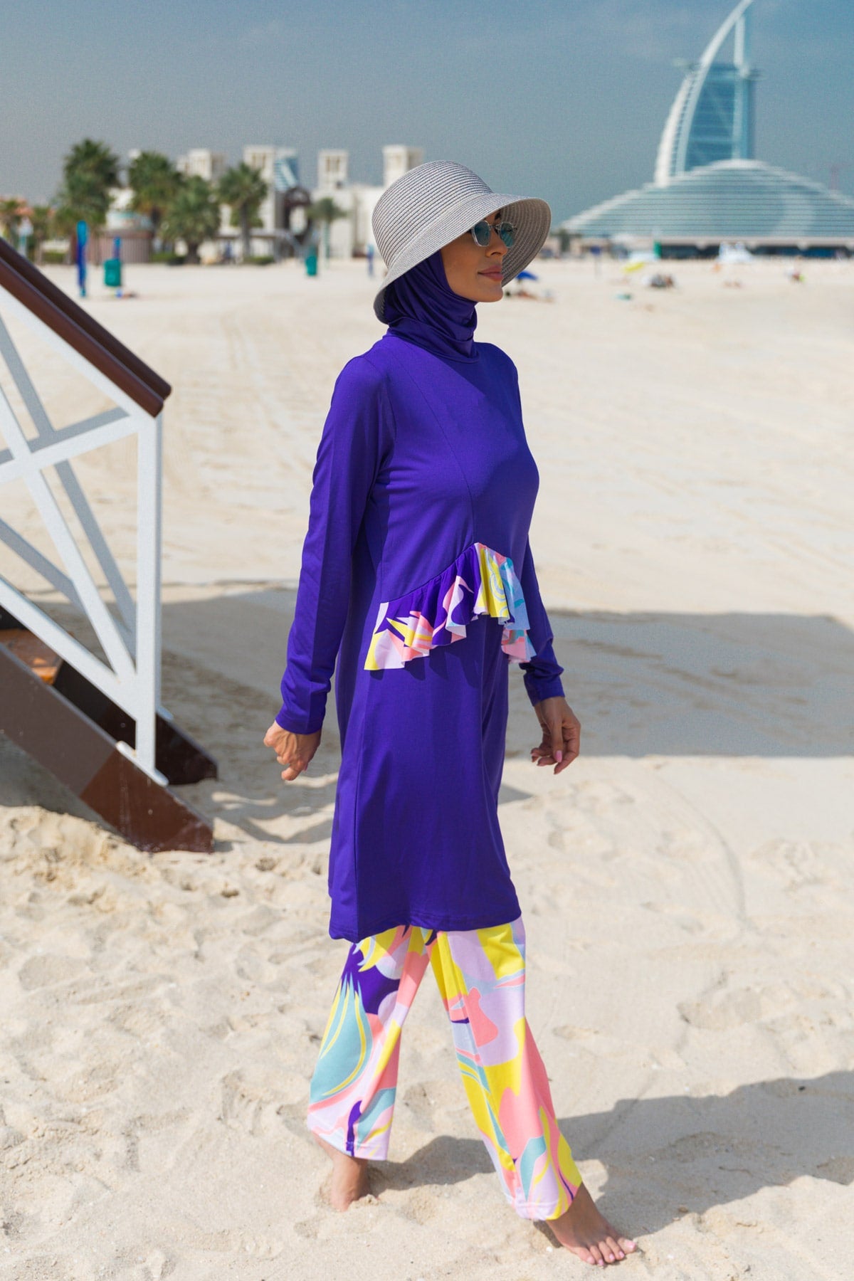 Floral Purple Full-Coverage Modest Swimwear Burkini - M2321