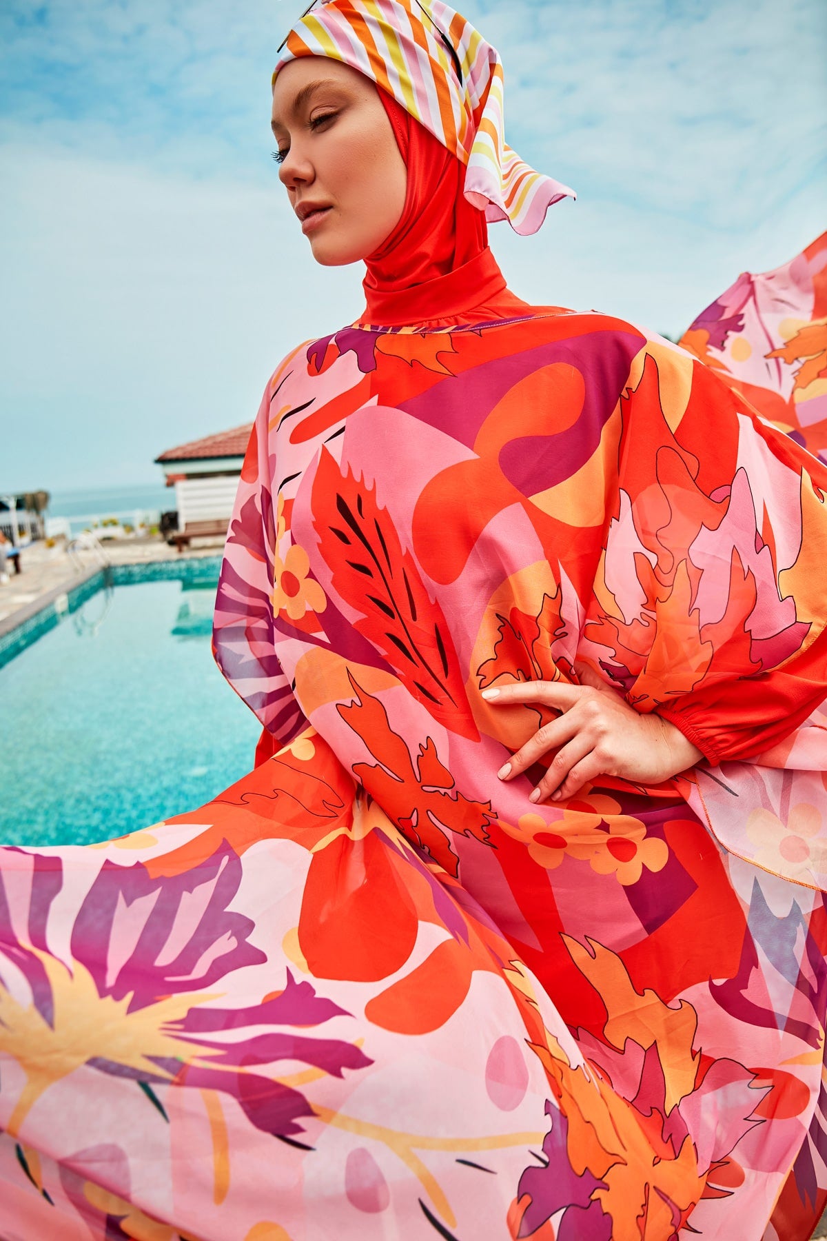 Floral Orange Beach Pareo Kaftan - P2336