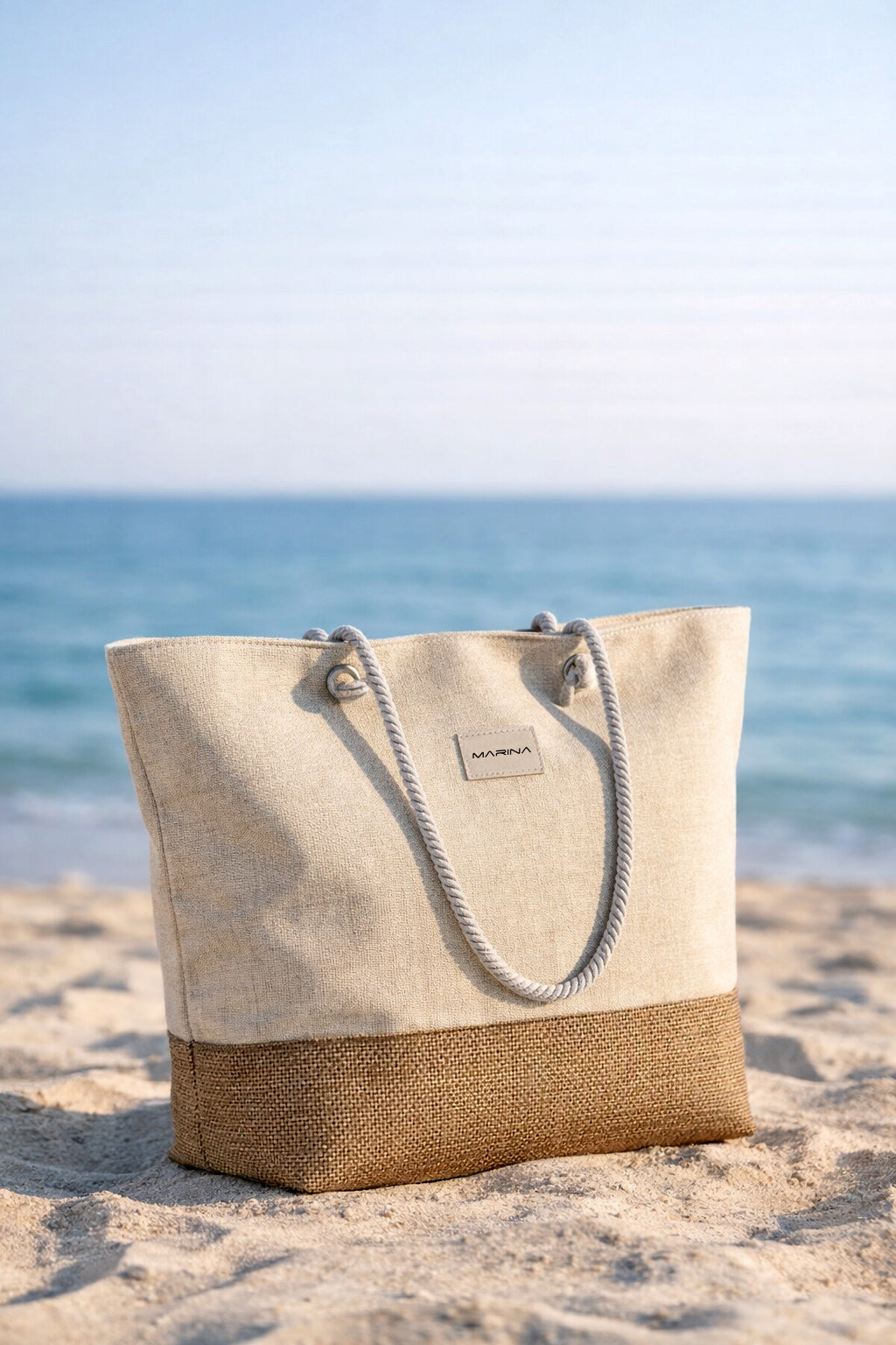 Rope Handle Straw Textured Beach Bag Beige Brown - CA2602-1