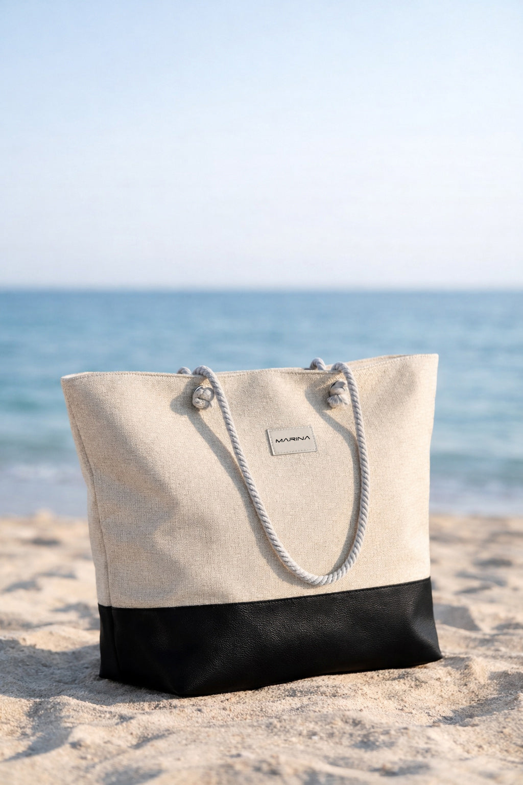 Rope Handle Straw Textured Beach Bag Beige Black - CA2602-2 Main image