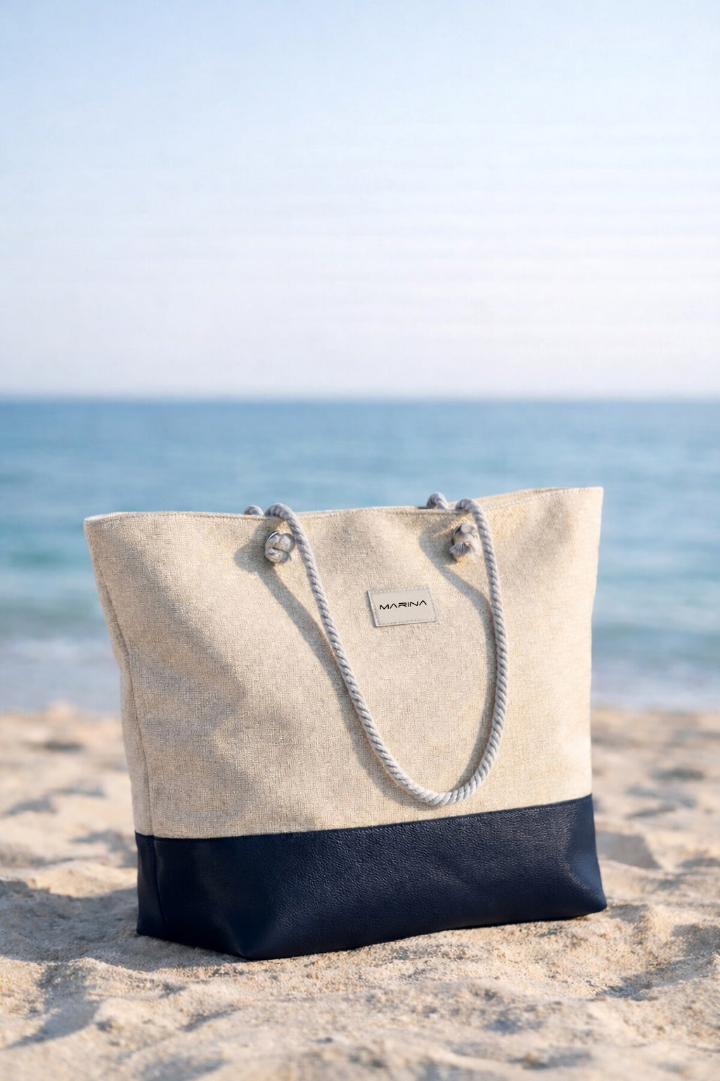 Rope Handle Straw Textured Beach Bag Beige Navy Blue - CA2602-3