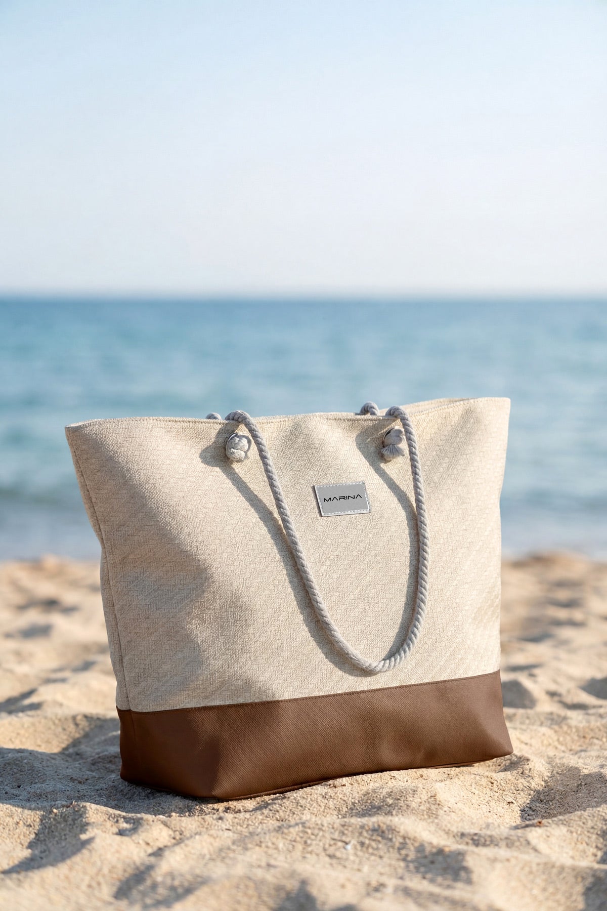 Rope Handle Straw Textured Beach Bag Beige Brown - CA2602-4