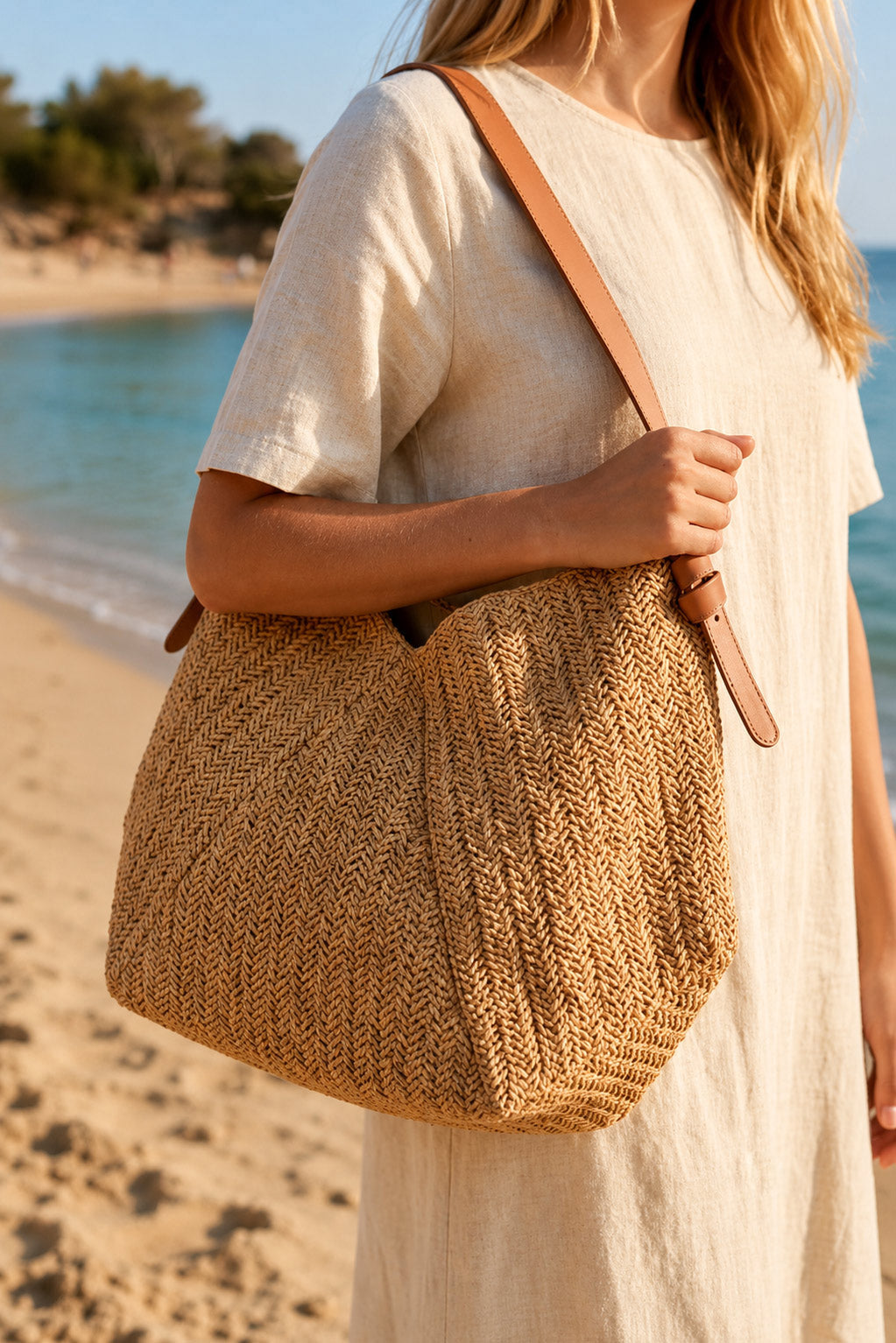 Shoulder Strap Camel Straw Bag - CNT2611 صورة ثانوية