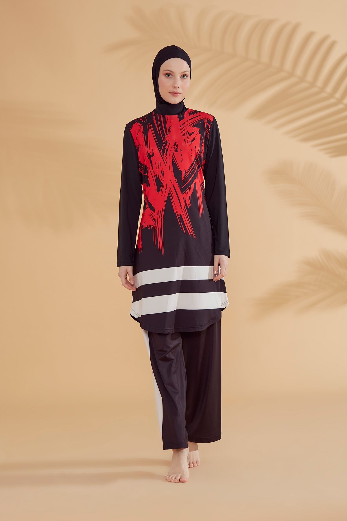 Patterned Black Full-Coverage Modest Swimwear Burkini - M2303