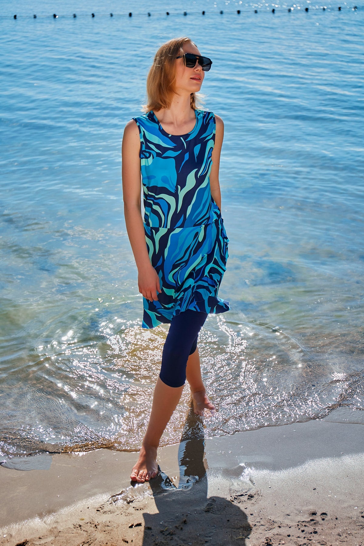 Patterned Navy Blue Semi-Coverage Modest Swimwear Burkini - M2373