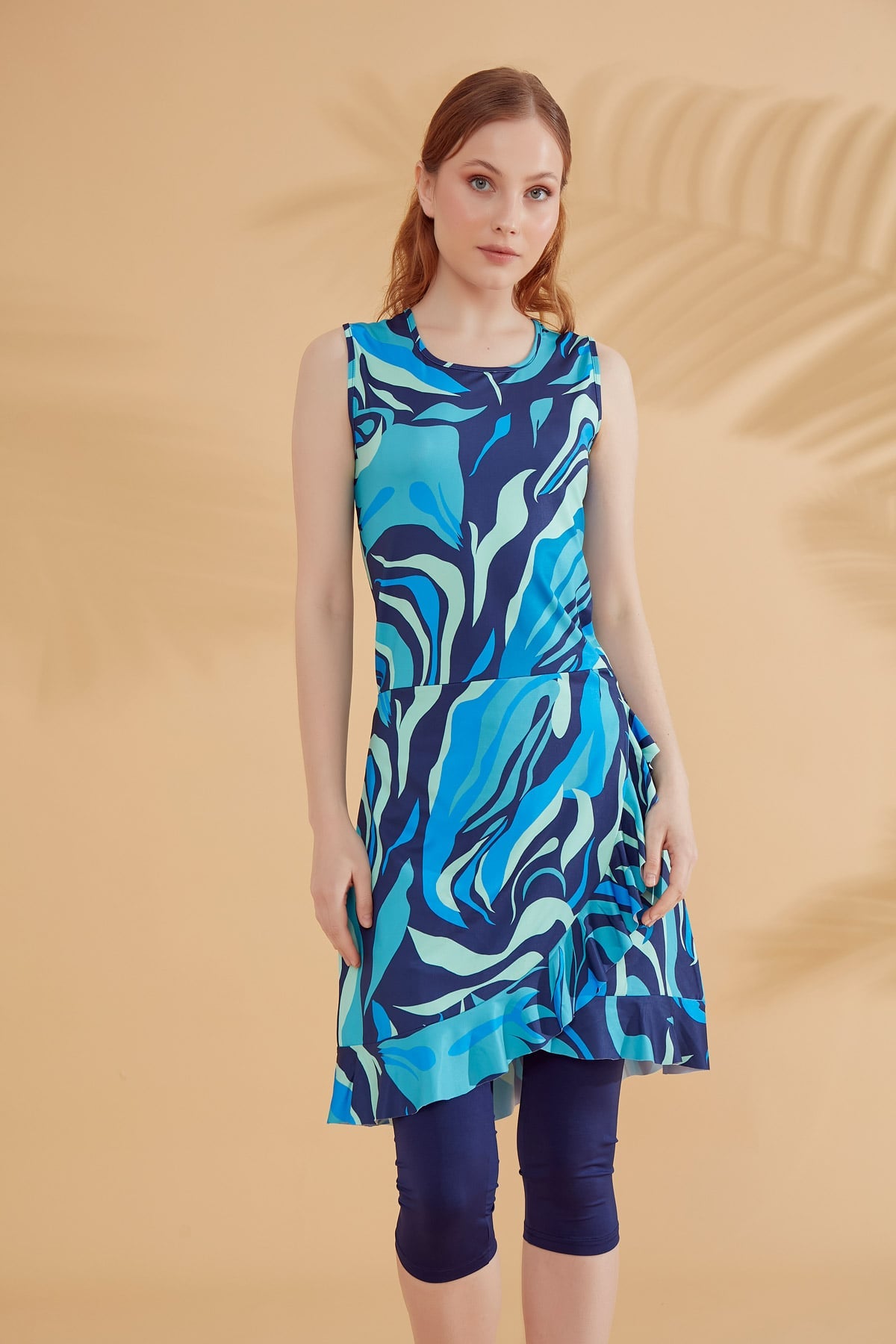 Patterned Navy Blue Semi-Coverage Modest Swimwear Burkini - M2373 Secondary image