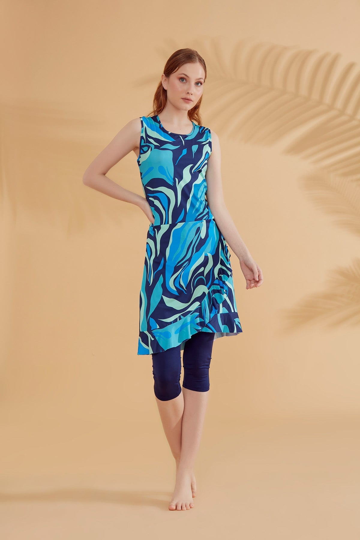 Patterned Navy Blue Semi-Coverage Modest Swimwear Burkini - M2373