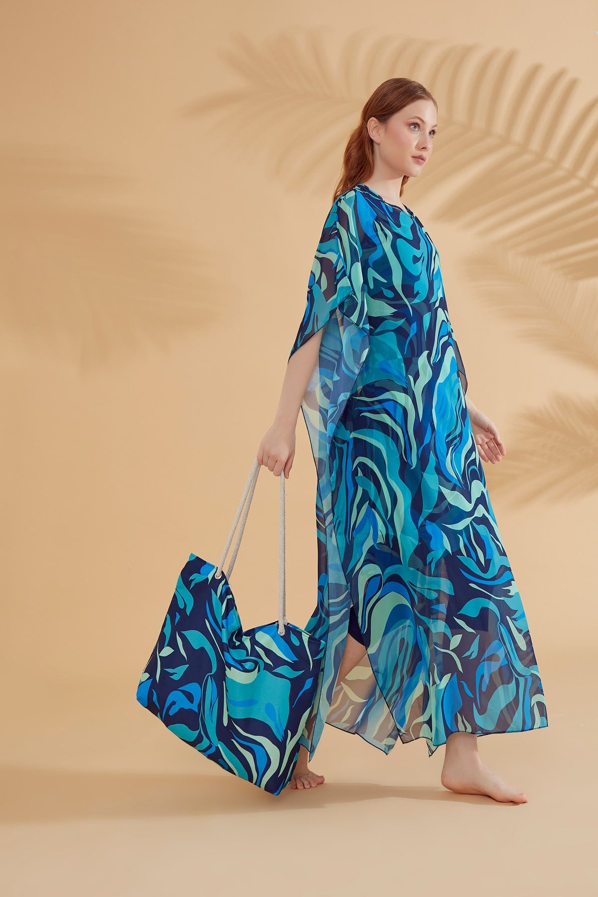 Patterned Navy Blue Semi-Coverage Modest Swimwear Burkini - M2373