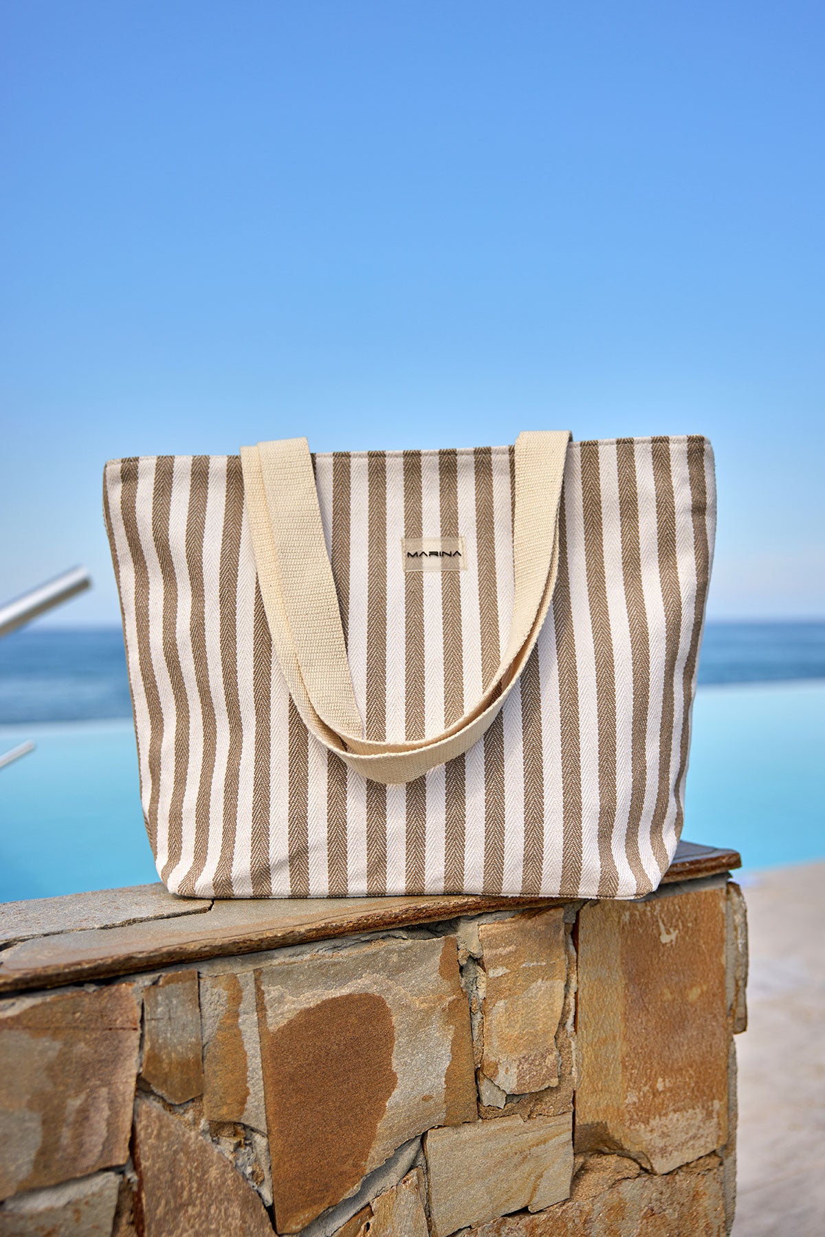 Beige Striped Cotton Beach Bag with Zipper CA2503-1