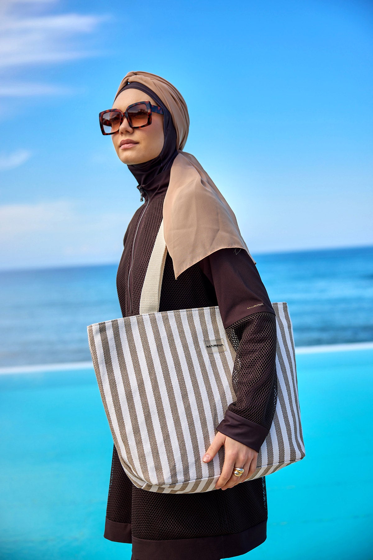 Beige Striped Cotton Beach Bag with Zipper CA2503-1