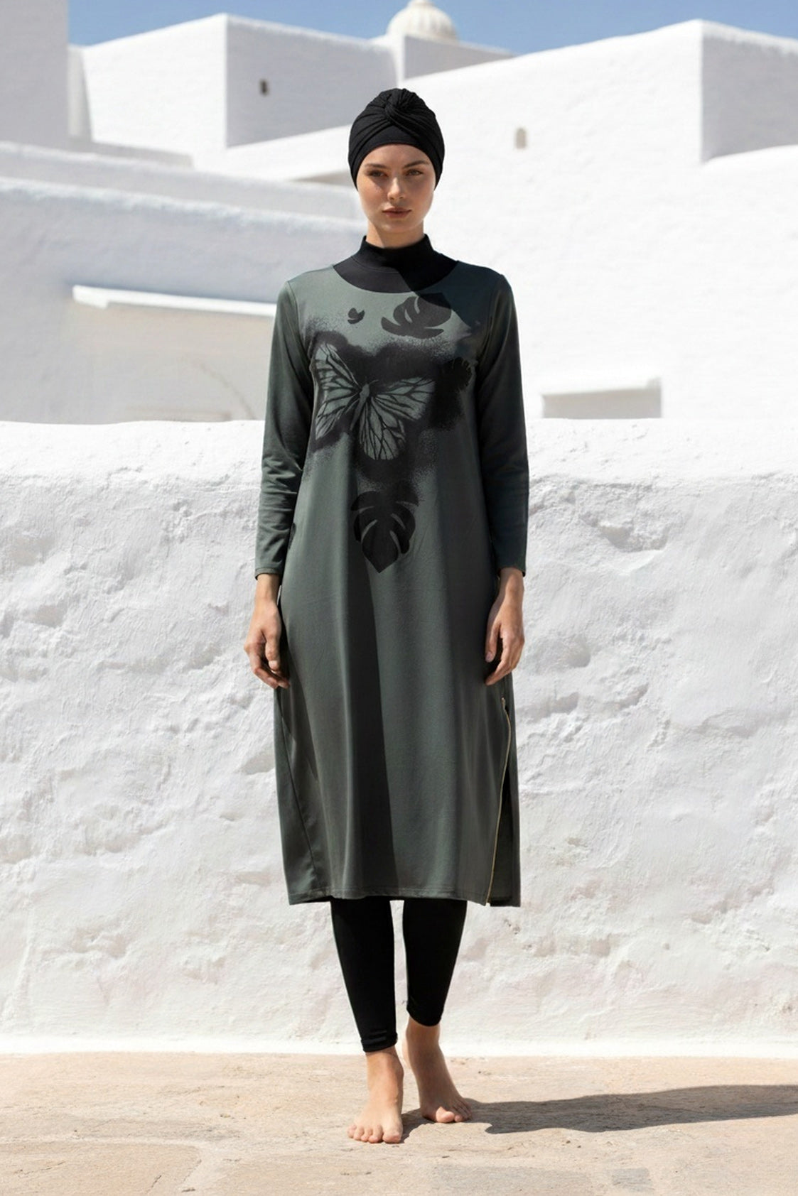 Fully Covered Khaki Patterned Lycra Burkini Modest Swimwear Set – 4 Piece Model M2021 Main image