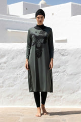 Fully Covered Khaki Patterned Lycra Burkini Modest Swimwear Set – 4 Piece Model M2021