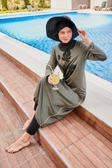 Fully Covered Khaki Patterned Lycra Burkini Modest Swimwear Set – 4 Piece Model M2021