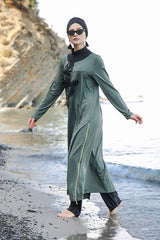 Fully Covered Khaki Patterned Lycra Burkini Modest Swimwear Set – 4 Piece Model M2021